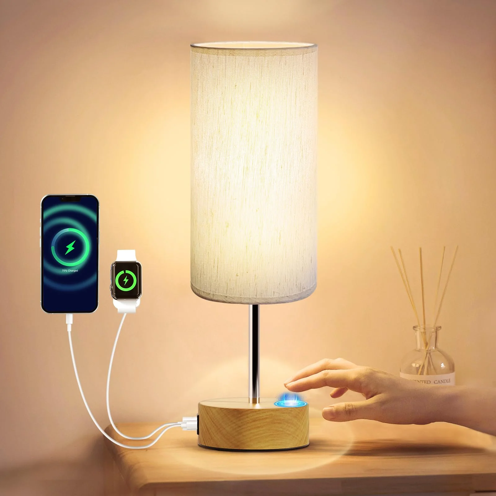 Touch Control Table Lamp with USB Charging Ports Dimmable Nightstand NEW