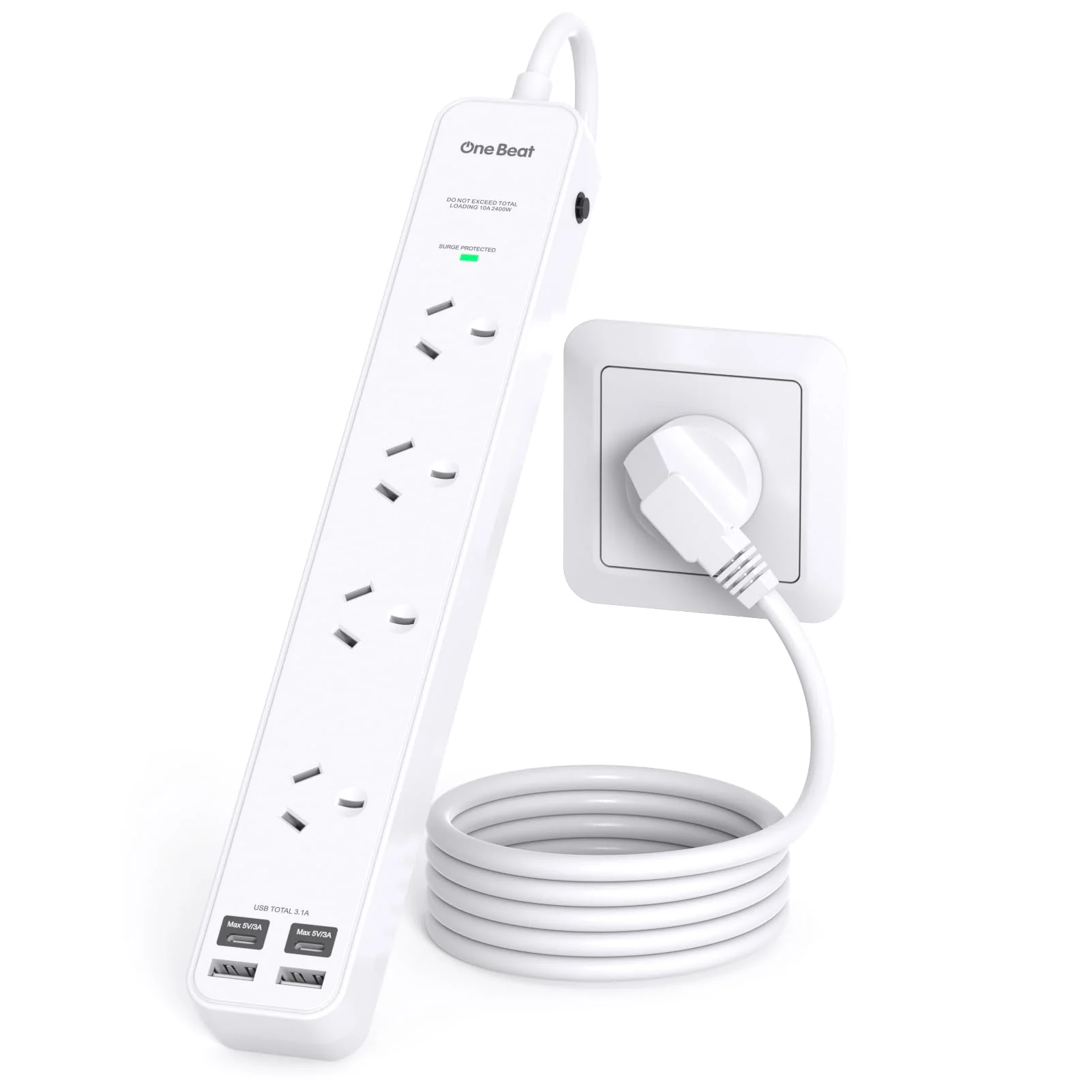 One Beat Power Strip with 4 Outlets and USB Ports, Surge Protected White NEW