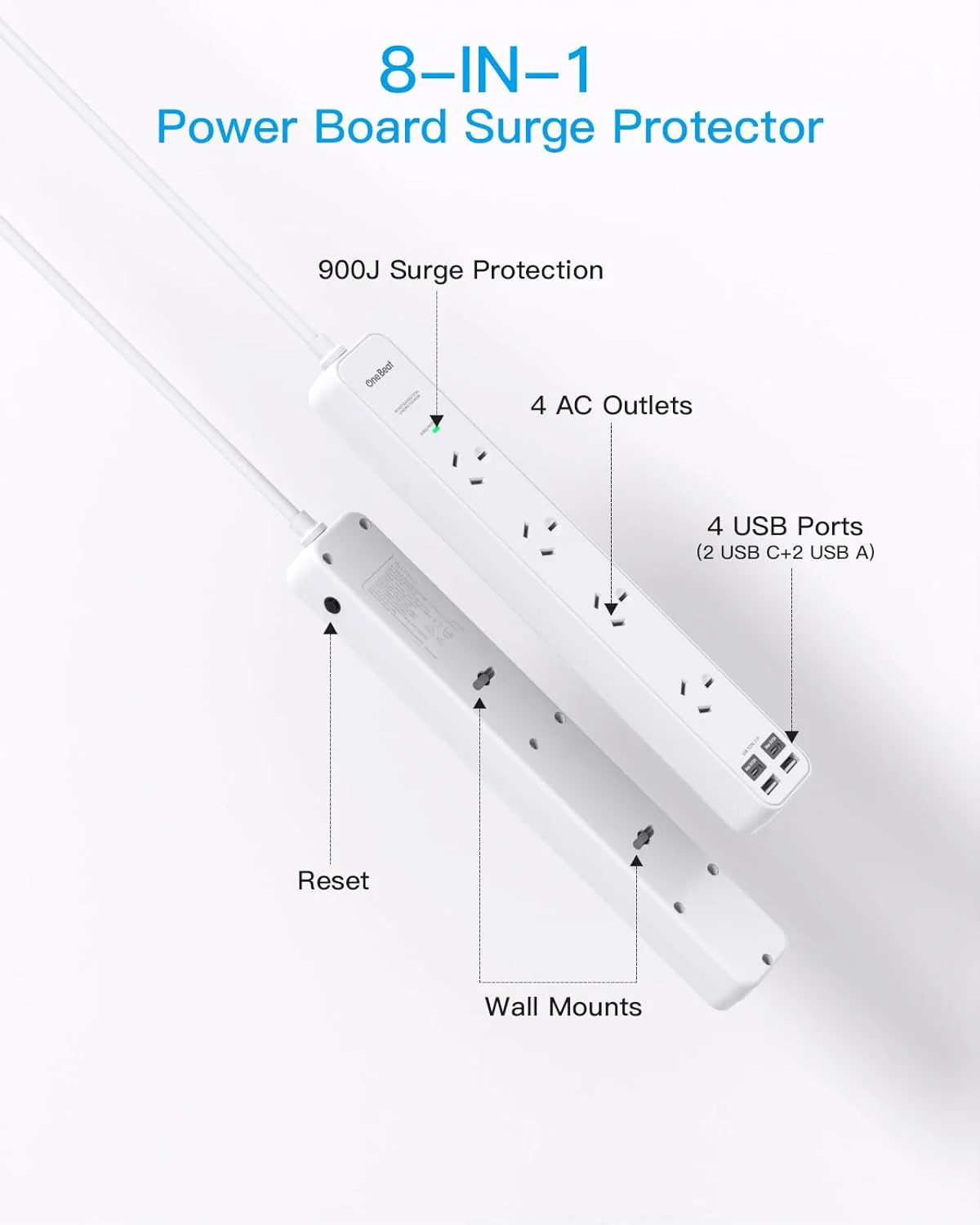 One Beat Power Strip with 4 Outlets and USB Ports, Surge Protected White NEW - Image 2