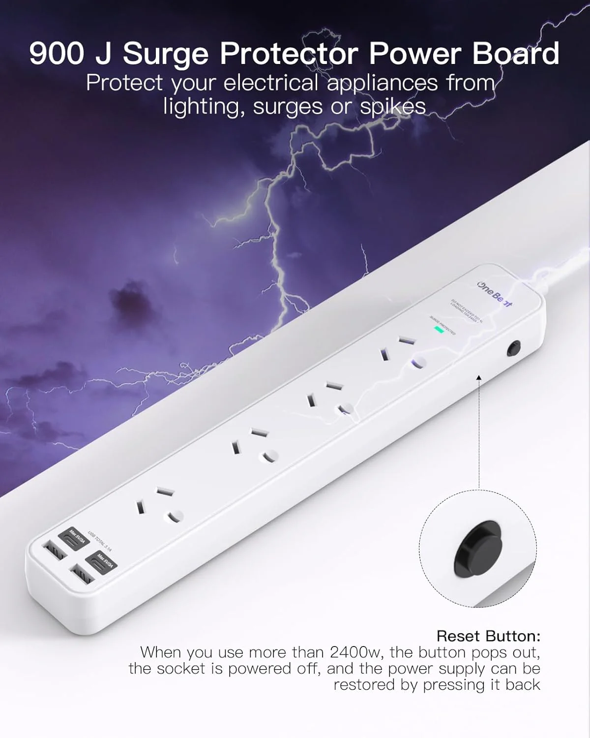One Beat Power Strip with 4 Outlets and USB Ports, Surge Protected White NEW - Image 6