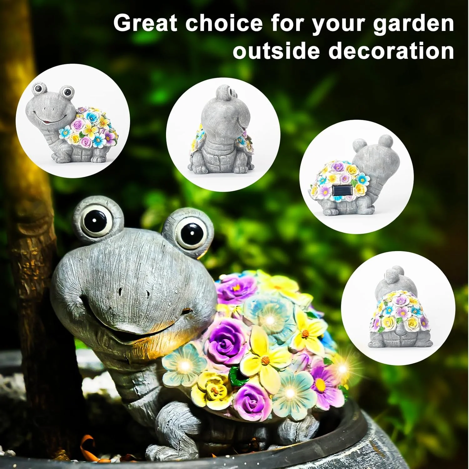 Outdoor Solar Powered Resin Tortoise Statue for Garden Decor Grey Multi NEW - Image 3