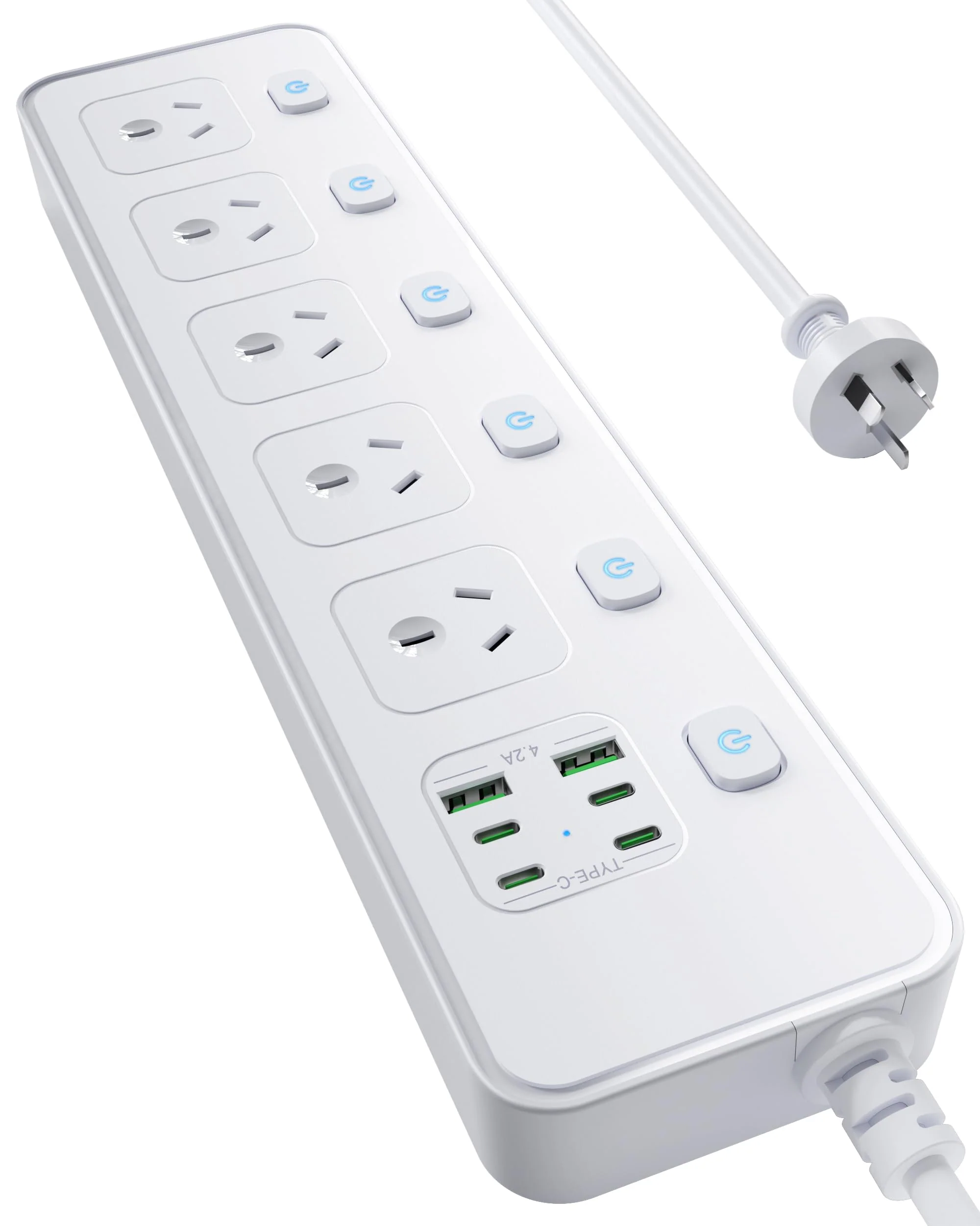5-Outlet & 6 USB-C Port Power Strip Surge Protector, White, USB Charging NEW