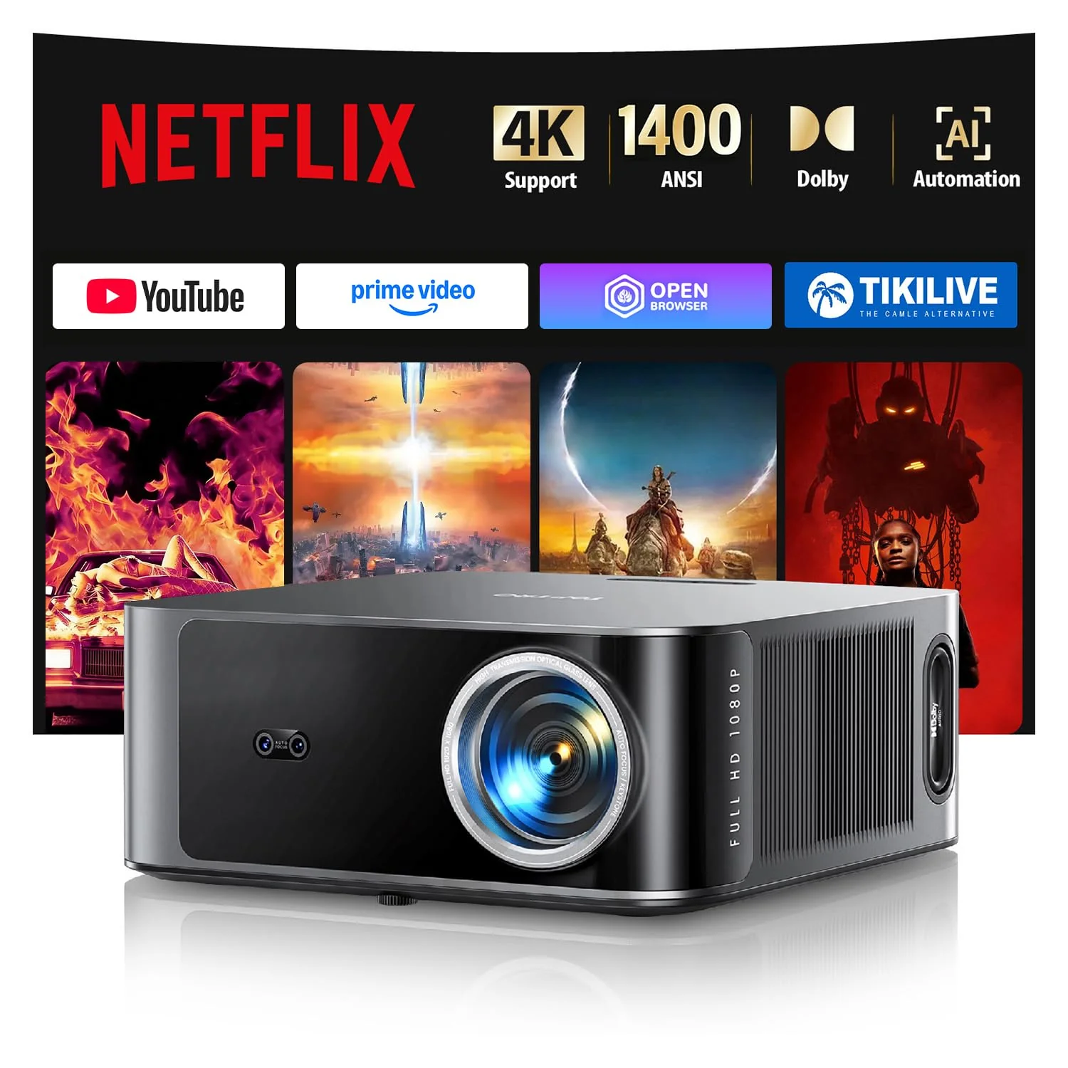 TOPTRO High-Brightness Projectors 1400 Ansi Lumens Smart Projector with Dolby