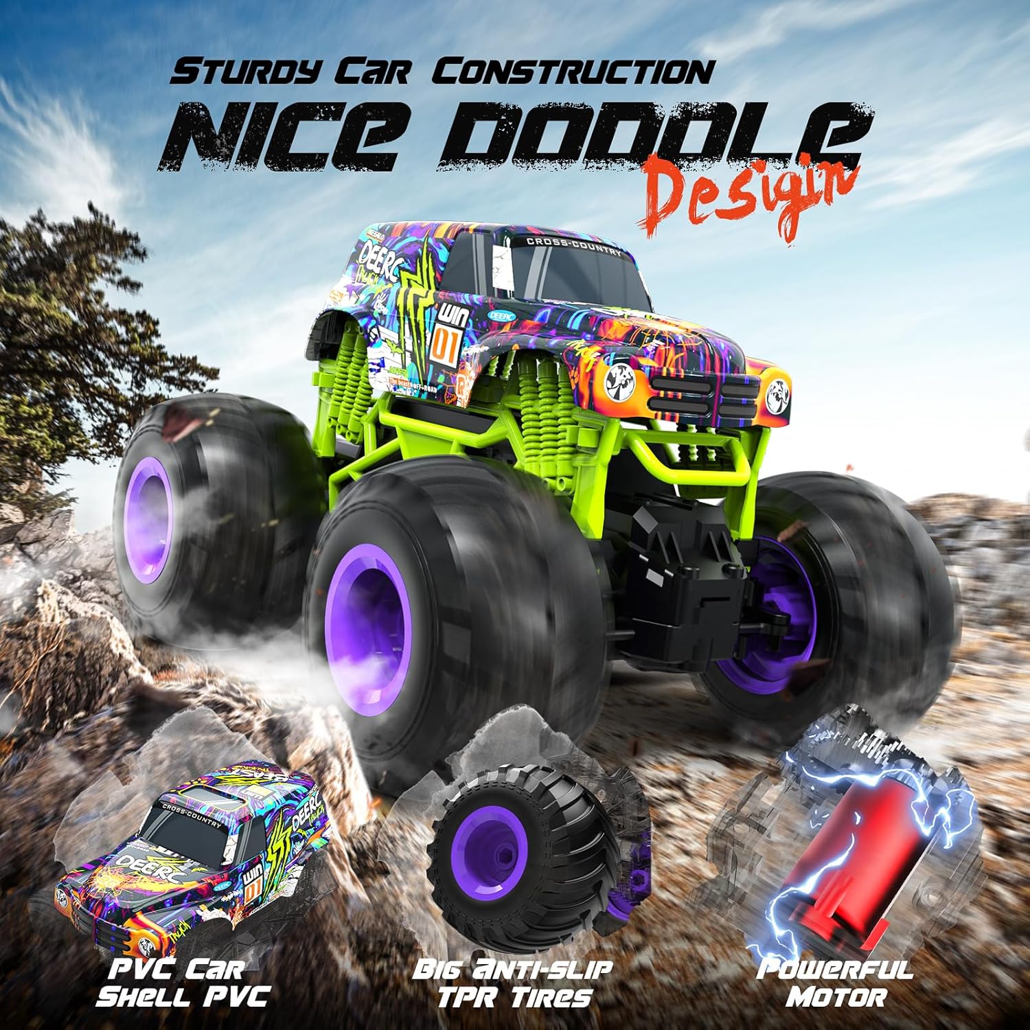 DEERC 1:16 Trucks Scale RC Monster Truck Toy All Terrain Remote Control DEMO - Image 3
