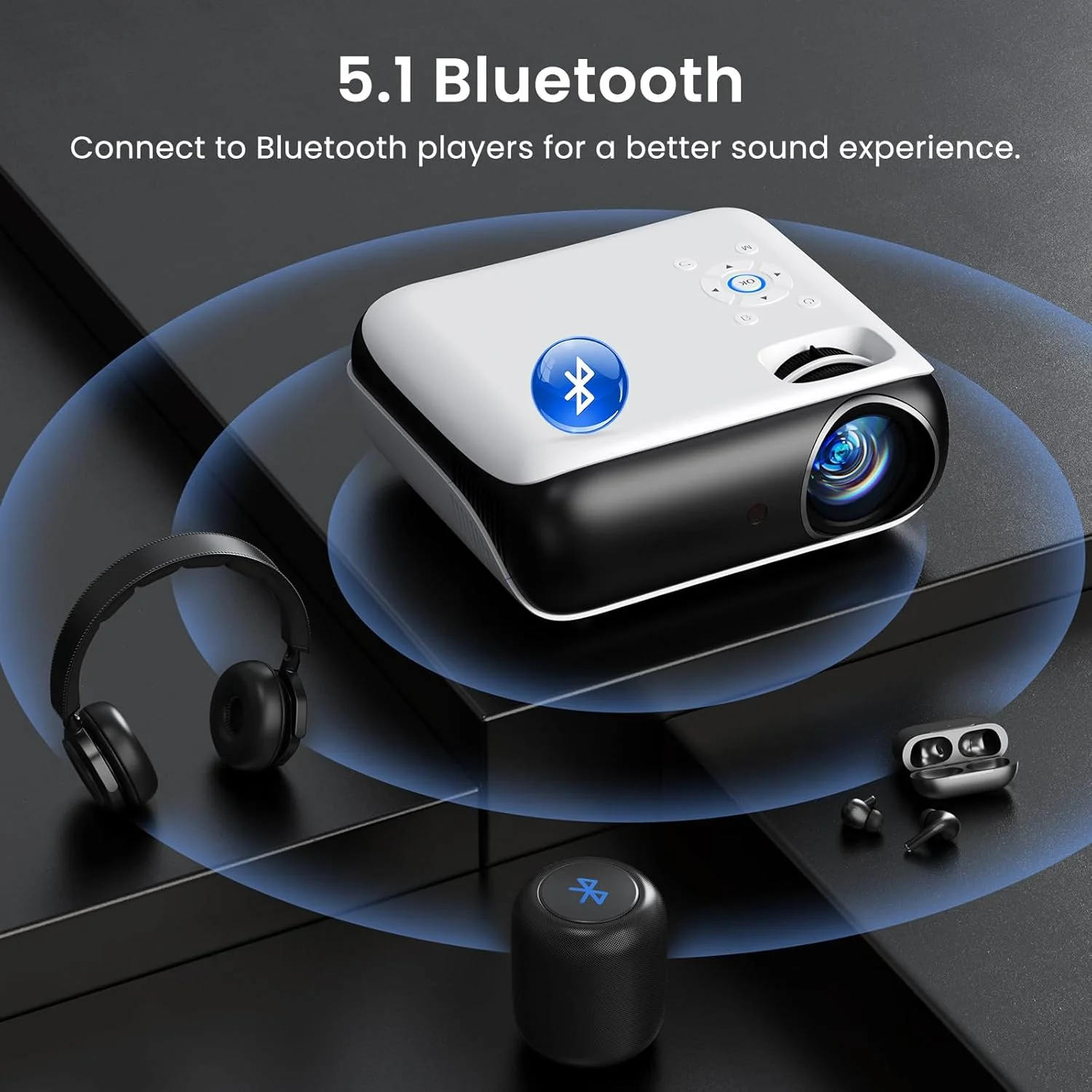 HAPPRUN 1080P Projectors Portable Outdoor Movie Projector with Bluetooth, White - Image 5