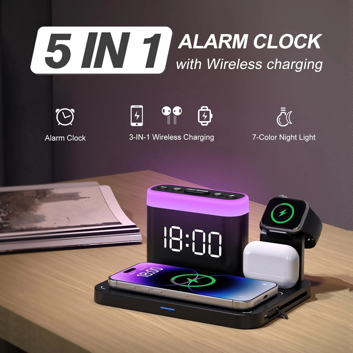 ANJANK 5-in-1 Wireless Charging Station with Alarm Clock - Black Dock DEMO - Image 2