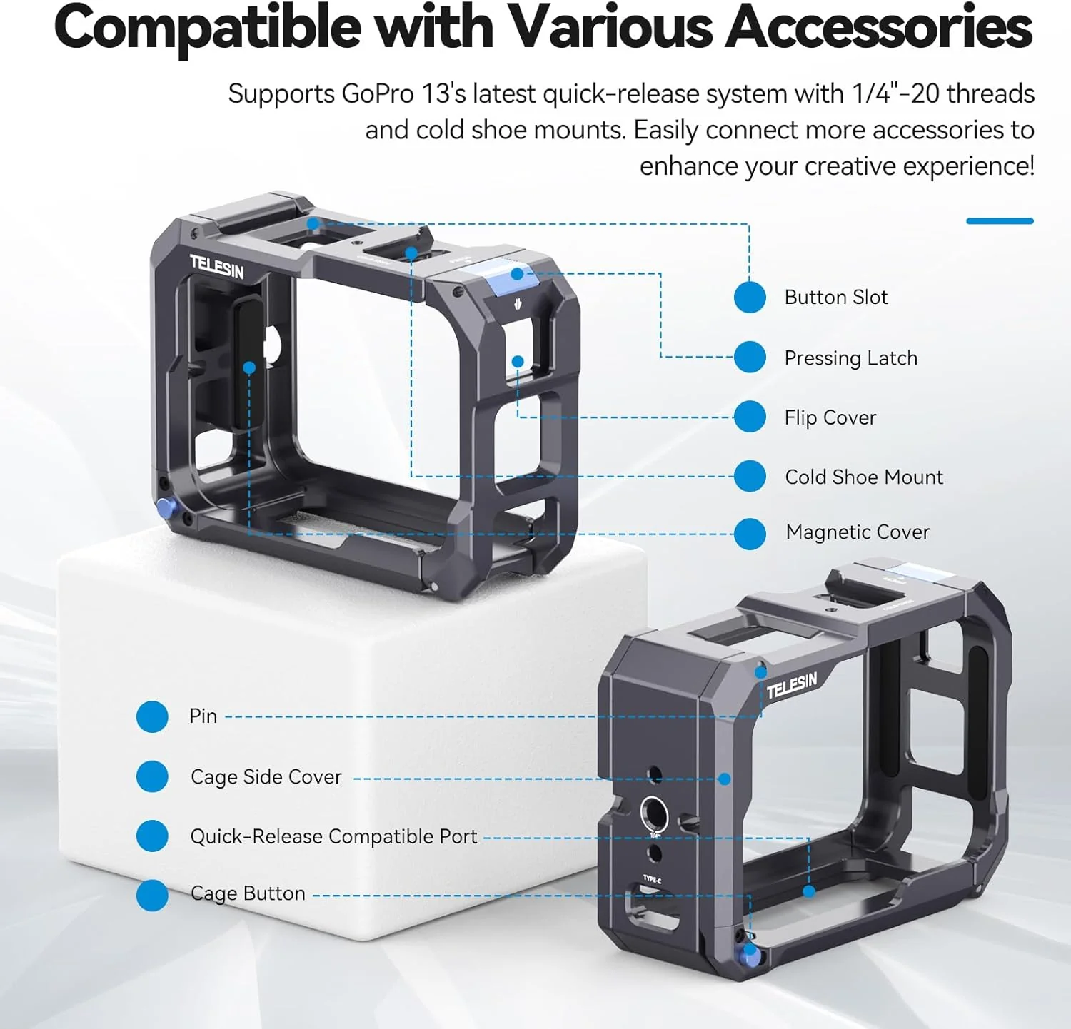 TELESIN Aluminum Alloy Cage Frame Housing for GoPro Action Cameras Black NEW - Image 7