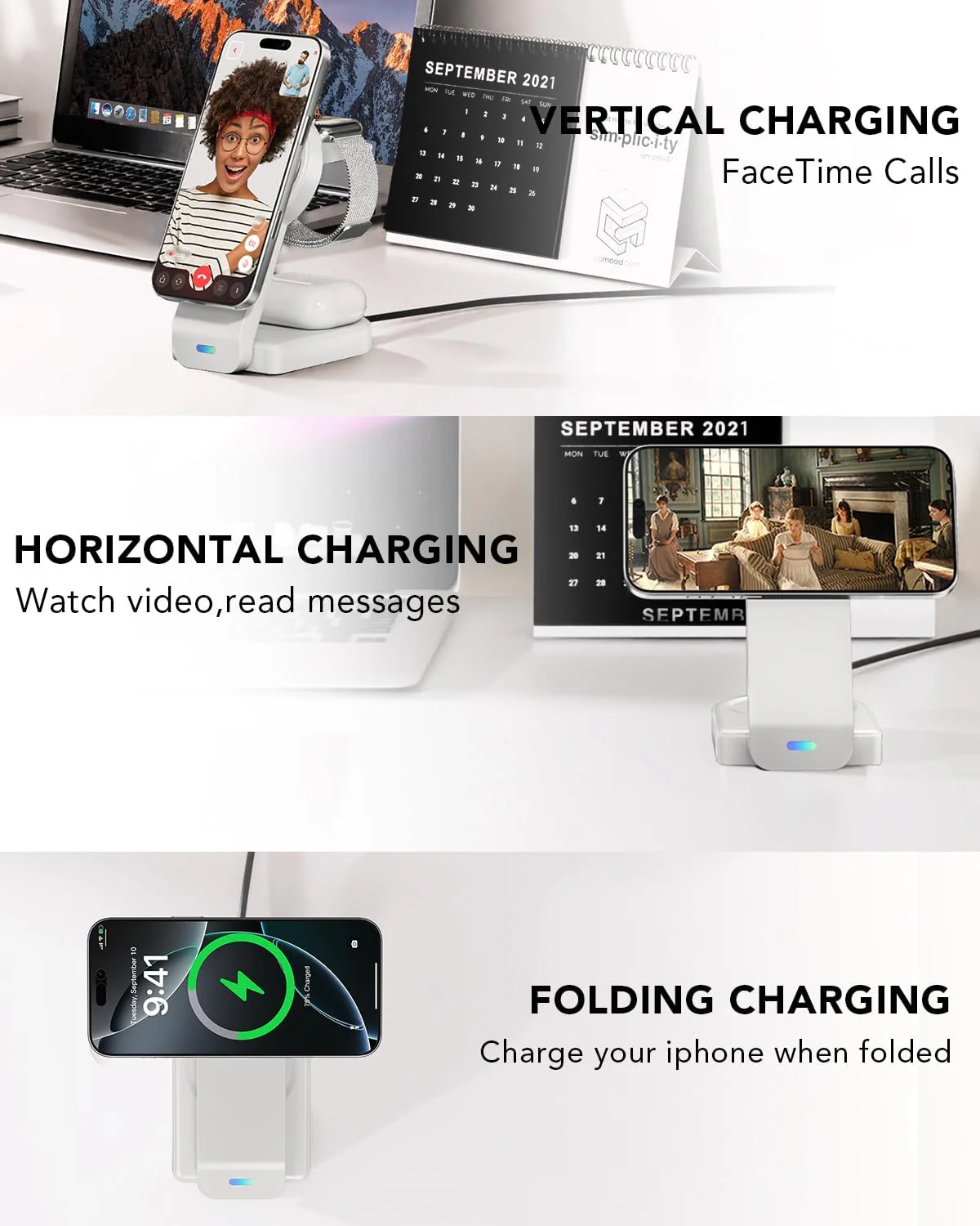 3-in-1 Wireless Charging Station with Foldable Magnetic Dock - White DEMO - Image 6