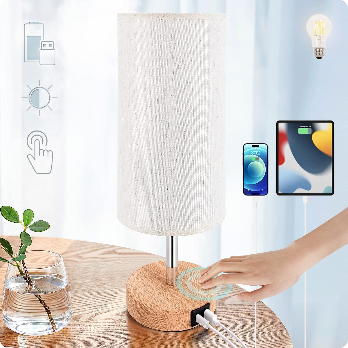 Touch Control Bedside Table Lamp with Dual USB Charging Ports White & Wood DEMO