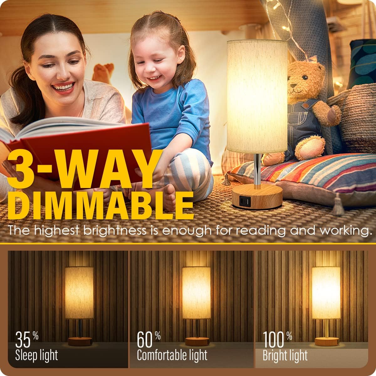 Touch Control Bedside Table Lamp with Dual USB Charging Ports White & Wood DEMO - Image 2