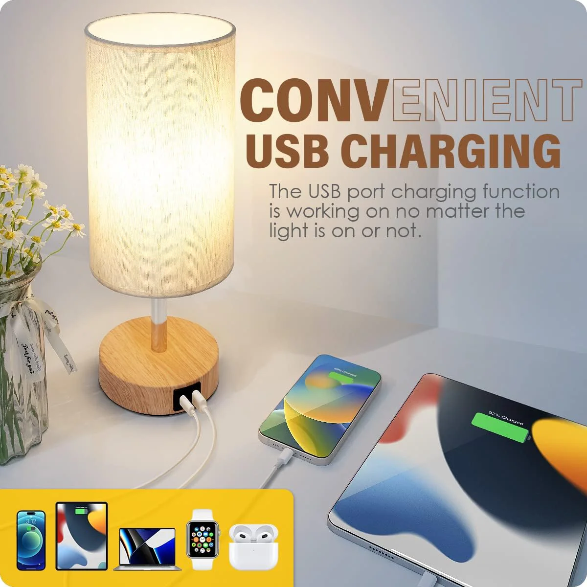 Touch Control Bedside Table Lamp with Dual USB Charging Ports White & Wood DEMO - Image 3