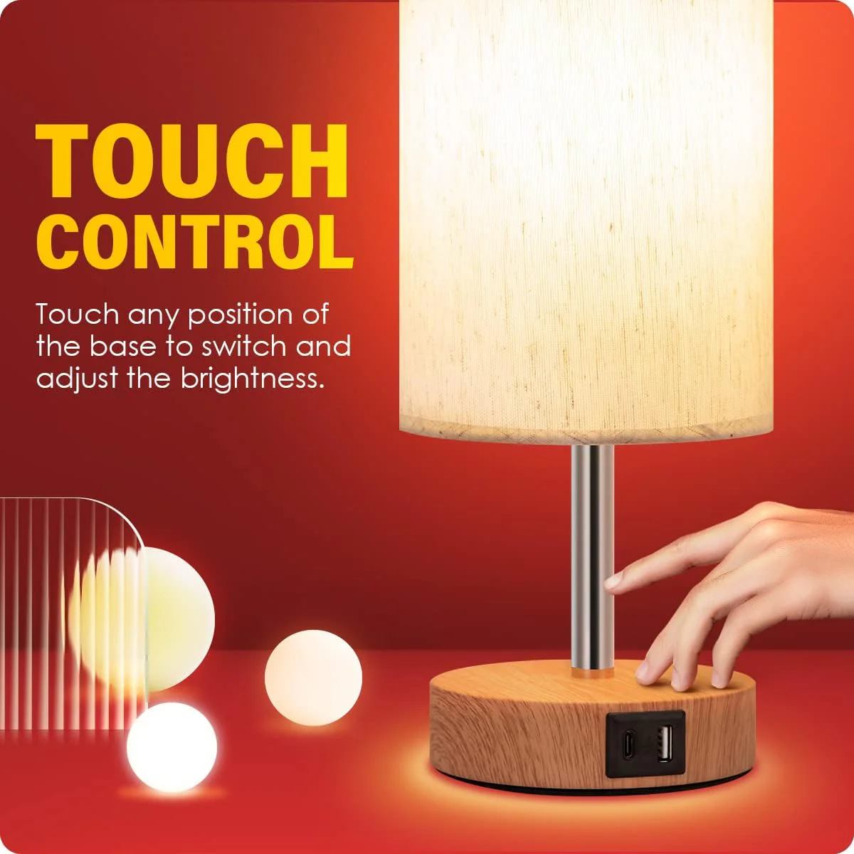 Touch Control Bedside Table Lamp with Dual USB Charging Ports White & Wood DEMO - Image 4