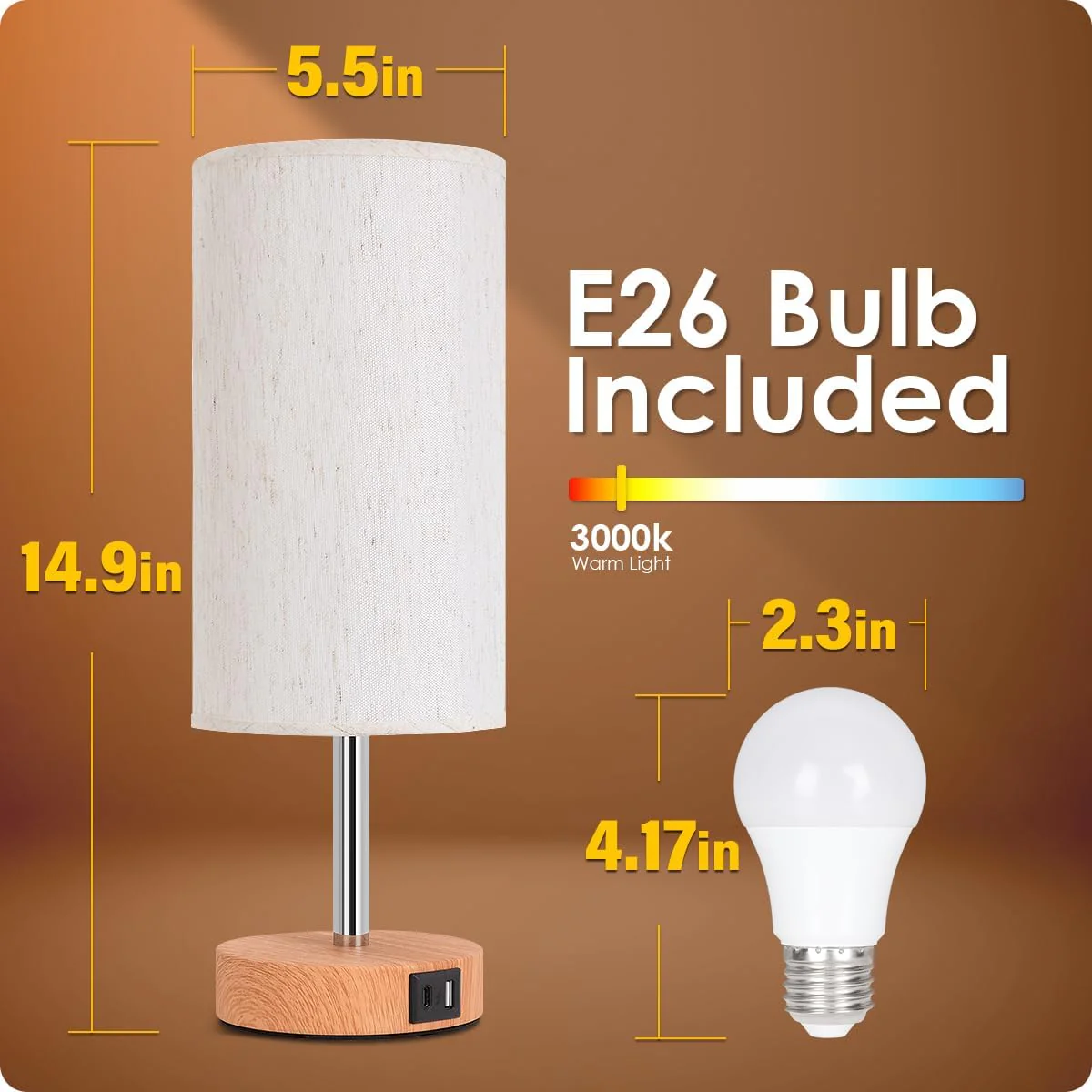 Touch Control Bedside Table Lamp with Dual USB Charging Ports White & Wood DEMO - Image 5