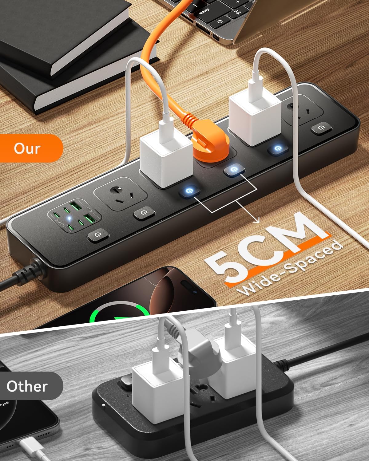Power Strip with 5 AC Outlets and 2 USB Ports Surge Protector 3250W Black NEW - Image 4