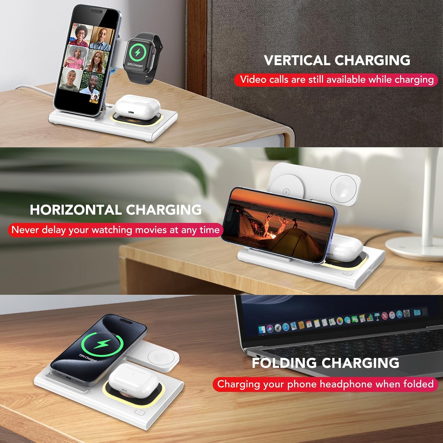 3-in-1 Foldable Fast Wireless Charging Station for Smartphones, White DEMO - Image 8
