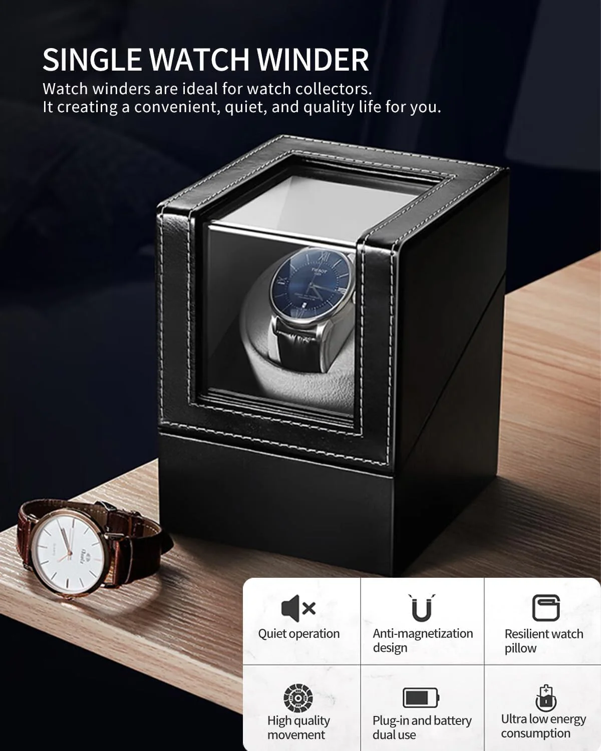 Automatic Single Watch Winder with Quiet Motor, Wood Shell in Black for DEMO - Image 4