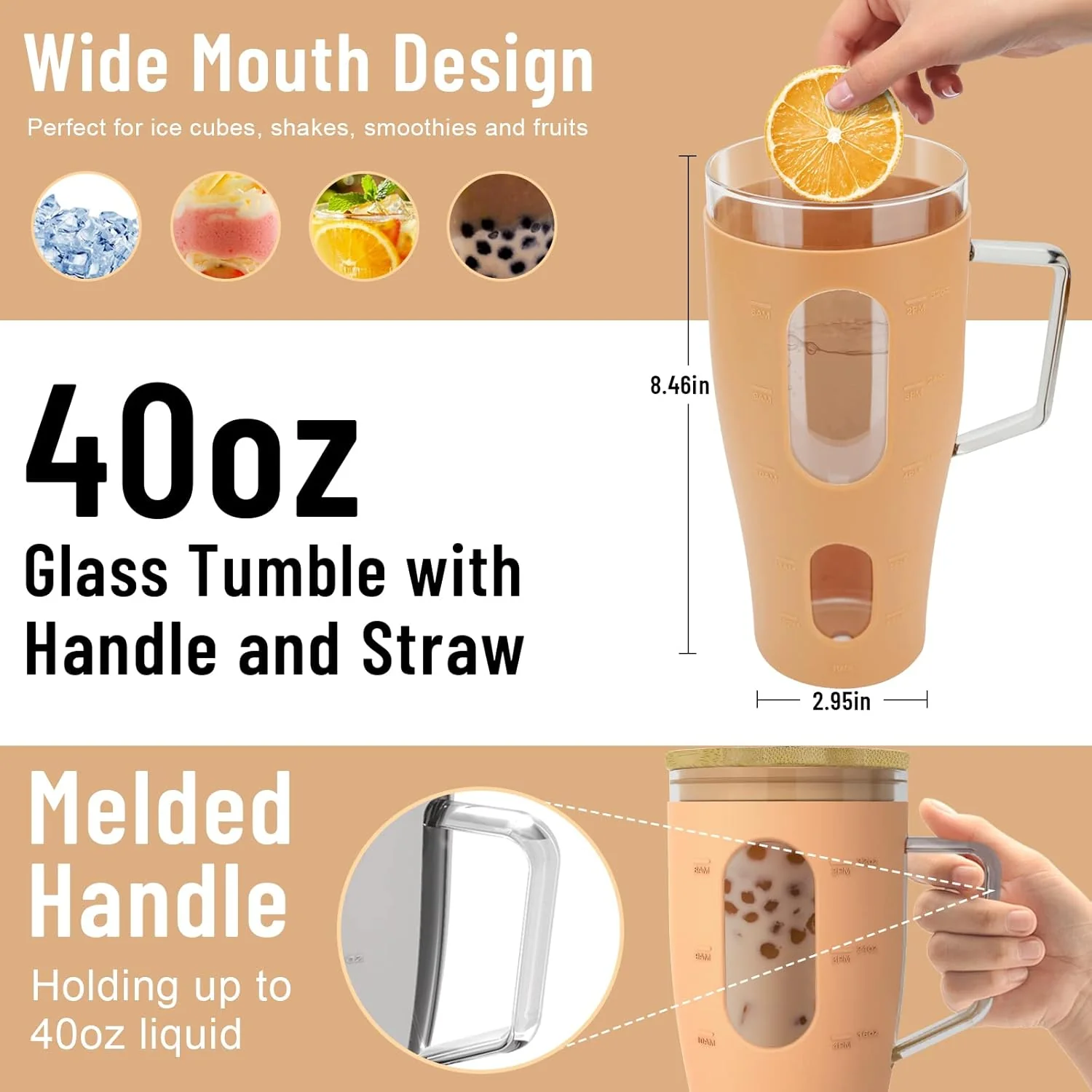 Tronco 32oz Glass Tumbler with Bamboo Lid Straw Reusable Borosilicate NEW - Image 2