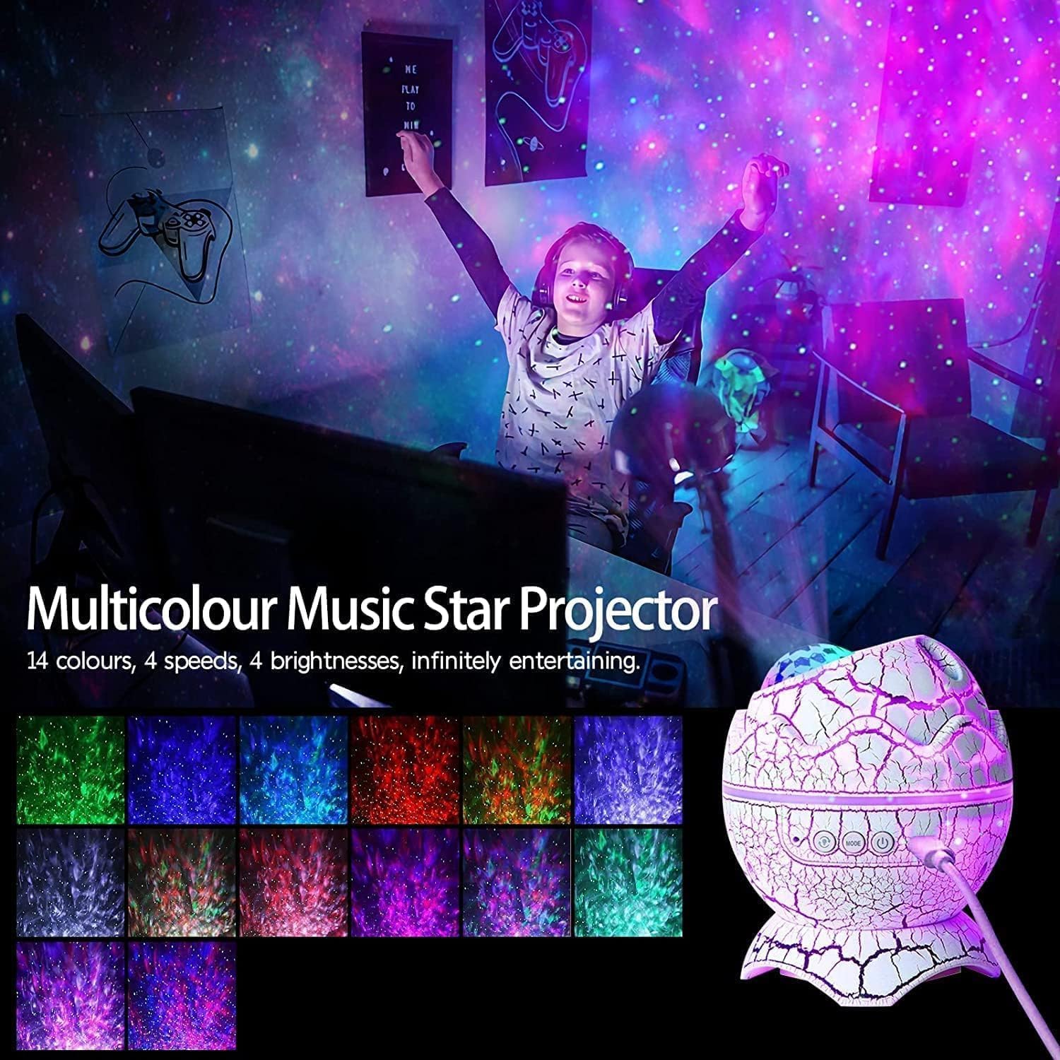 White Dinosaur Egg Galaxy Projector Starry Night Light with Music NEW - Image 2