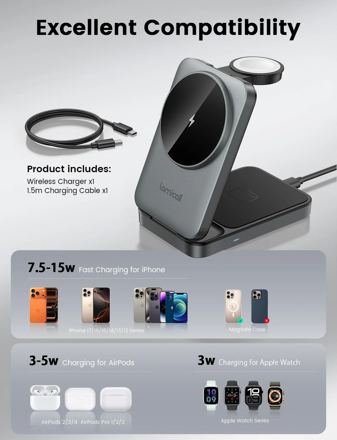 Lamicall 3-in-1 Wireless Charging Station Portable Charger for iPhone Grey NEW - Image 6