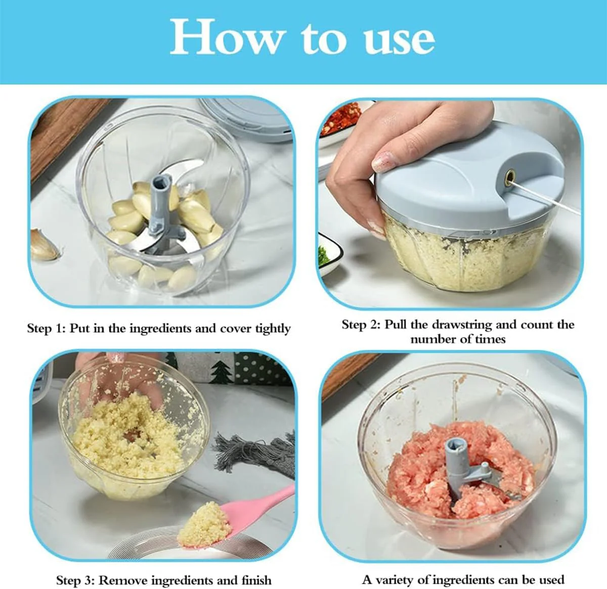 EOTIA 500ml Manual Food Chopper Garlic Mincer Stainless Steel Kitchen NEW - Image 7