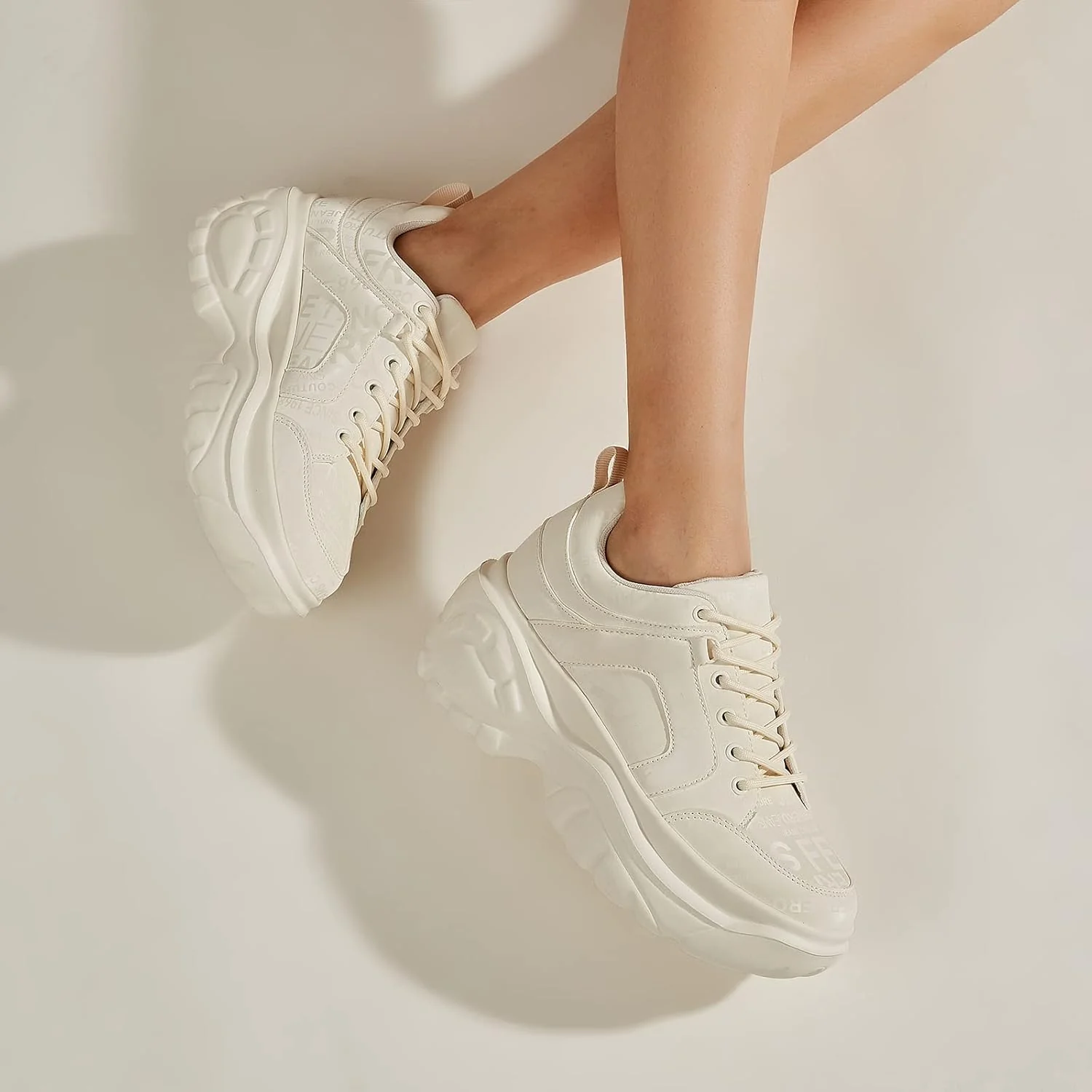 LUCKY STEP Chunky Platform Trainers Casual Lace-Up Walking Beige Ladies US10 NEW - Image 6