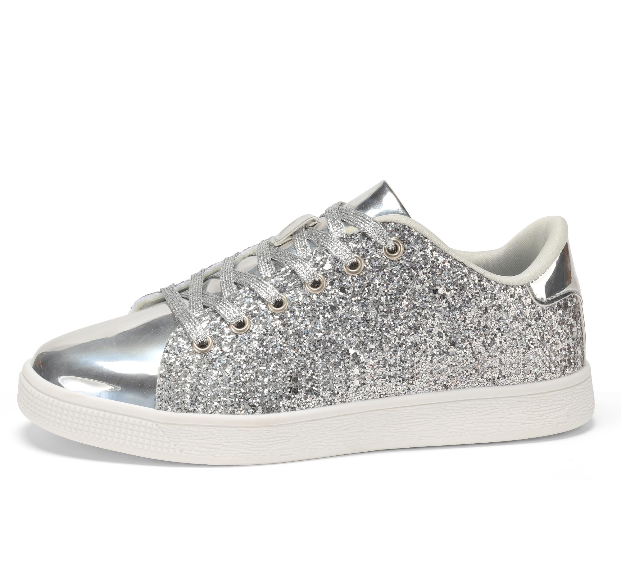 LUCKY STEP Glitter Lace-Up Fashion Trainers Sparkly Silver Shoes Women US 6 NEW