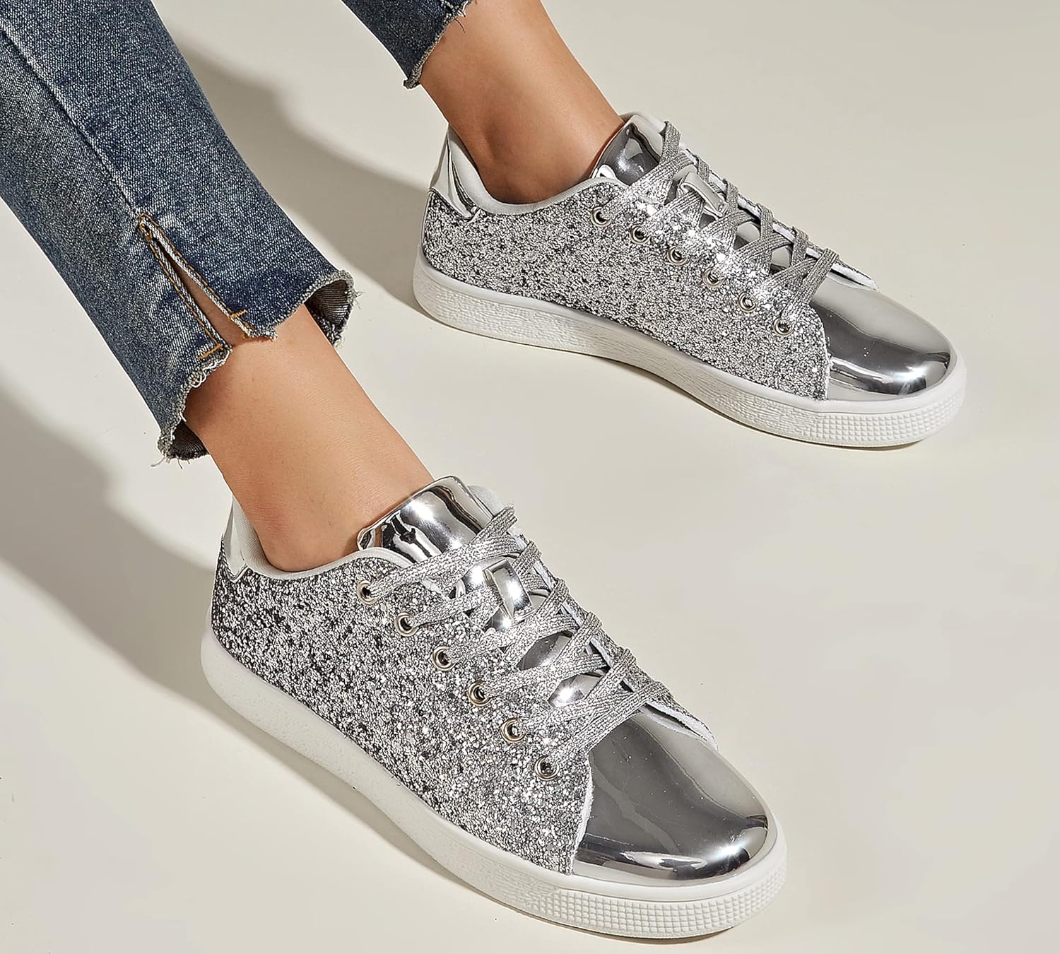 LUCKY STEP Glitter Lace-Up Fashion Trainers Sparkly Silver Shoes Women US 6 NEW - Image 2