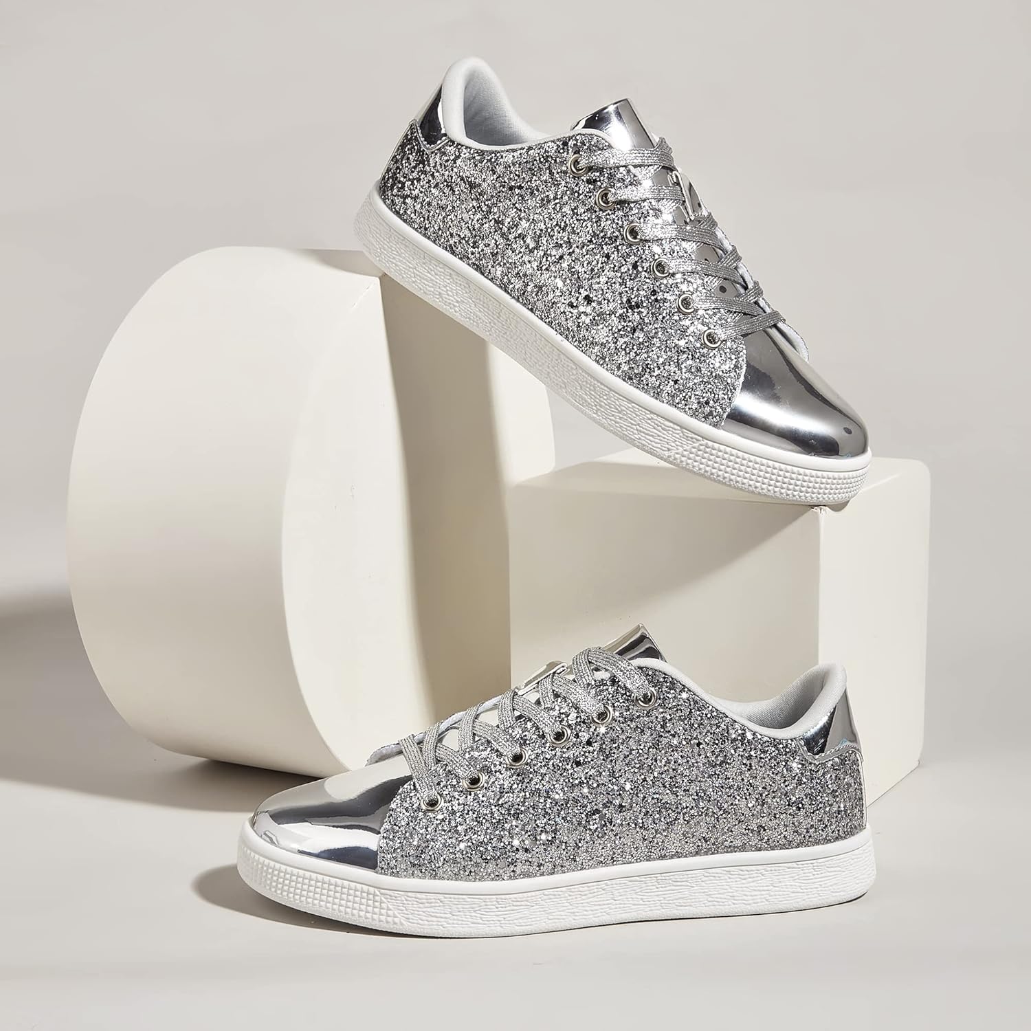 LUCKY STEP Glitter Lace-Up Fashion Trainers Sparkly Silver Shoes Women US 6 NEW - Image 4