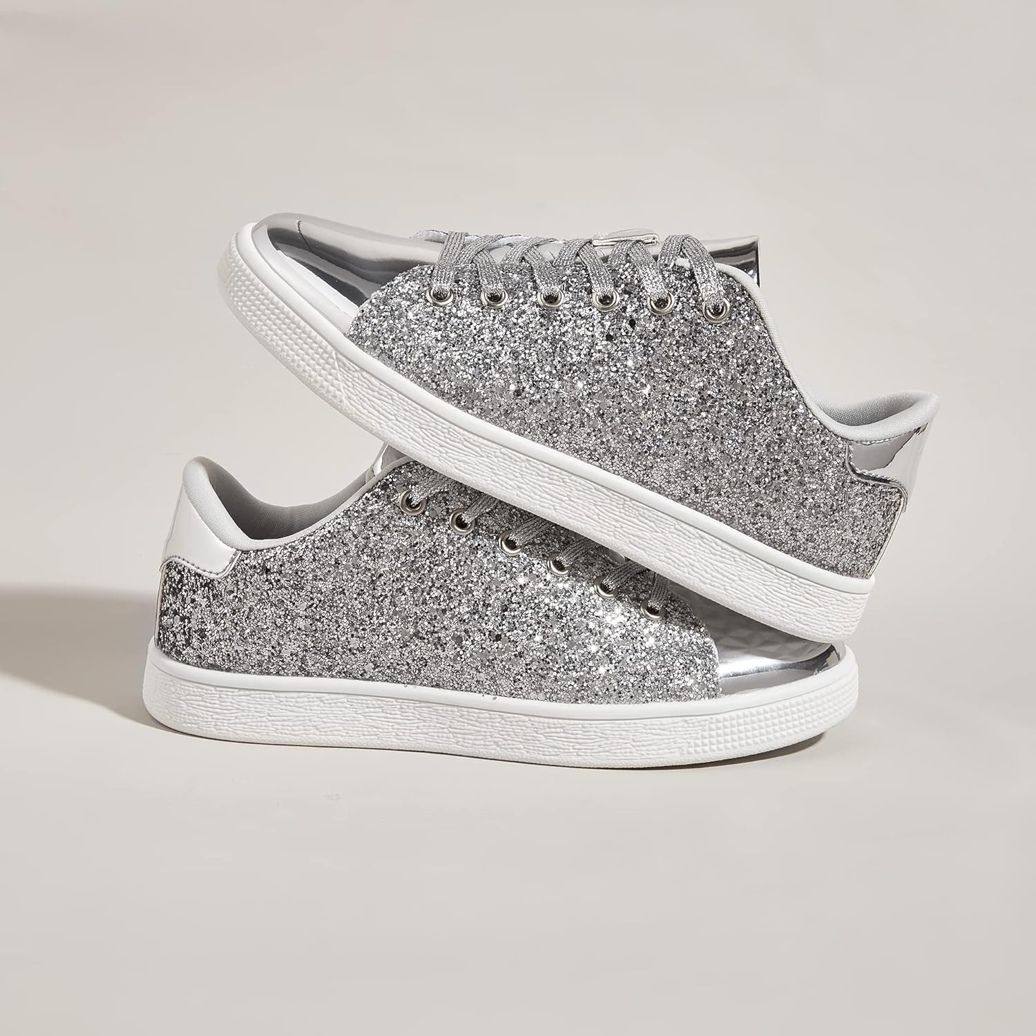 LUCKY STEP Glitter Lace-Up Fashion Trainers Sparkly Silver Shoes Women US 6 NEW - Image 5