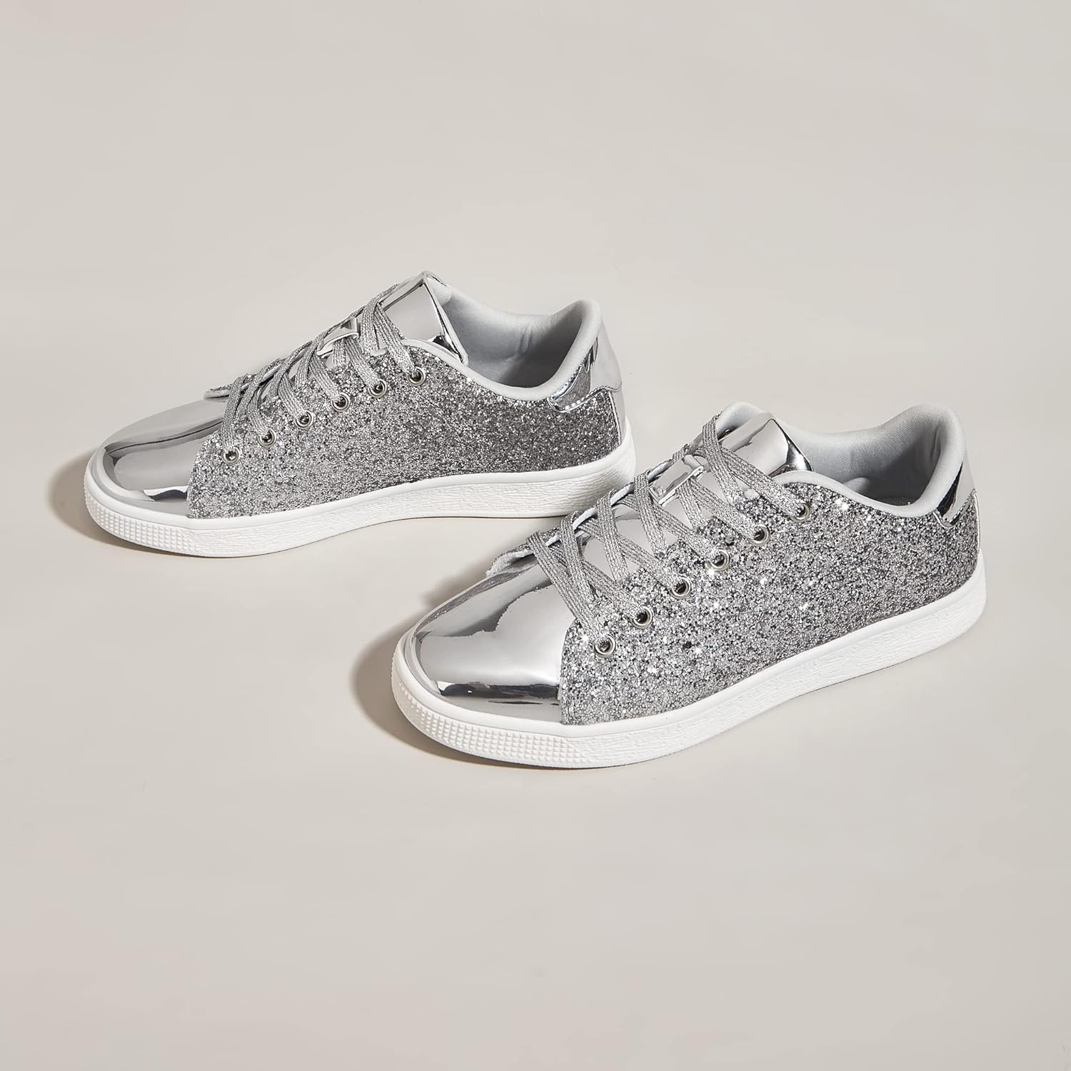 LUCKY STEP Glitter Lace-Up Fashion Trainers Sparkly Silver Shoes Women US 6 NEW - Image 6
