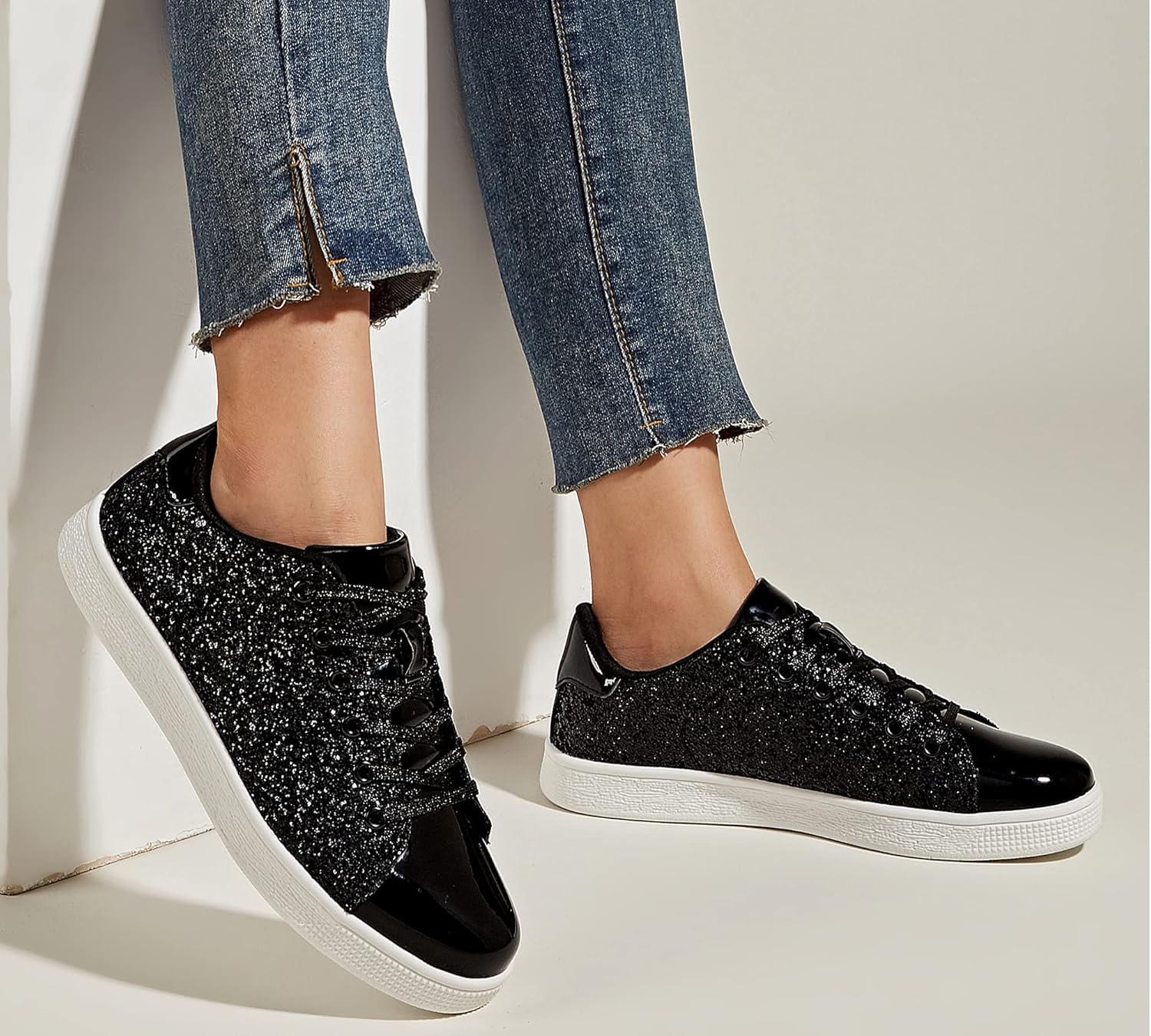 LUCKY STEP Glitter Lace-Up Trainers Sparkly Shoes Women Black Sneakers US 7 NEW - Image 2