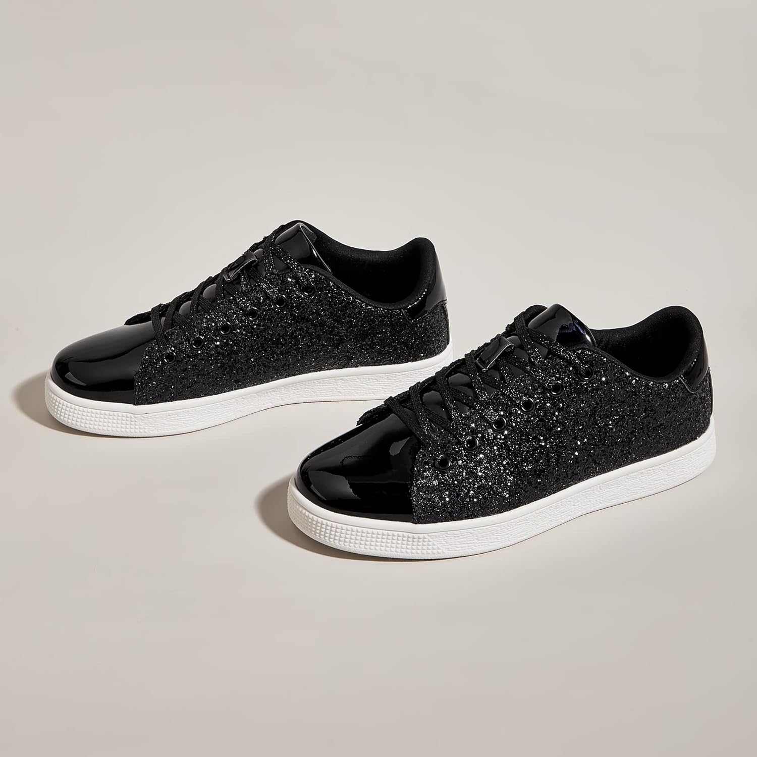 LUCKY STEP Glitter Lace-Up Trainers Sparkly Shoes Women Black Sneakers US 7 NEW - Image 4