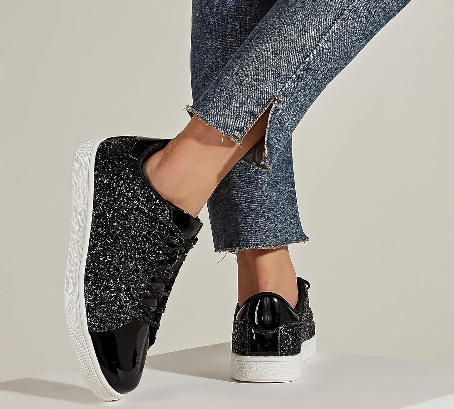 LUCKY STEP Glitter Lace-Up Trainers Sparkly Shoes Women Black Sneakers US 7 NEW - Image 7