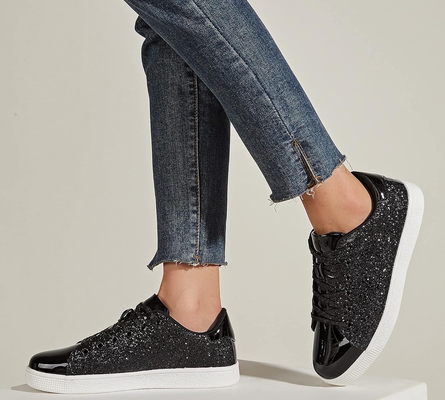 LUCKY STEP Glitter Lace-Up Trainers Sparkly Shoes Women Black Sneakers US 7 NEW - Image 8