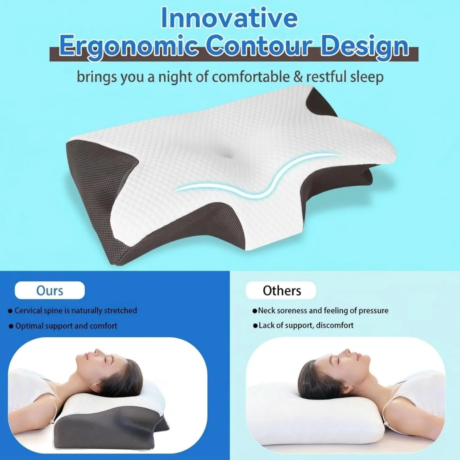ZH CAHA Ergonomic Contour Memory Foam Neck Pillow for Pain Relief Grey-White NEW - Image 2