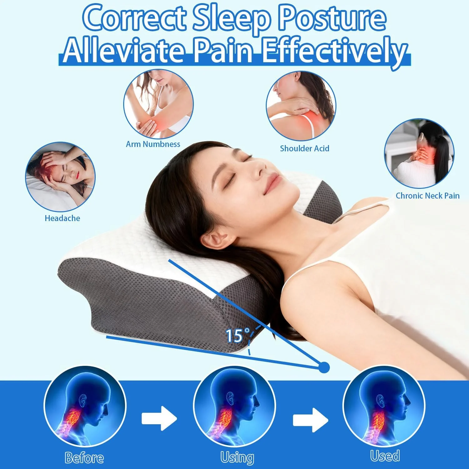 ZH CAHA Ergonomic Contour Memory Foam Neck Pillow for Pain Relief Grey-White NEW - Image 3