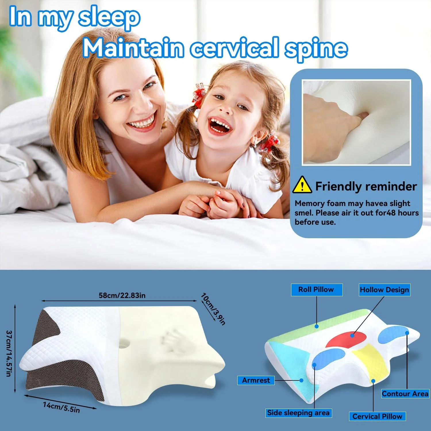ZH CAHA Ergonomic Contour Memory Foam Neck Pillow for Pain Relief Grey-White NEW - Image 7