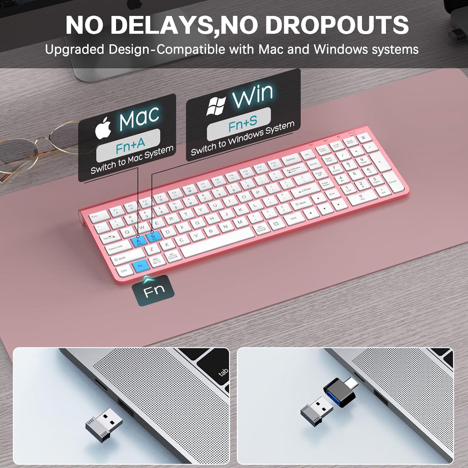 JOYACCESS Wireless Keyboards Keyboard USB & Type C 2-in-1 Receiver Pink NEW - Image 3