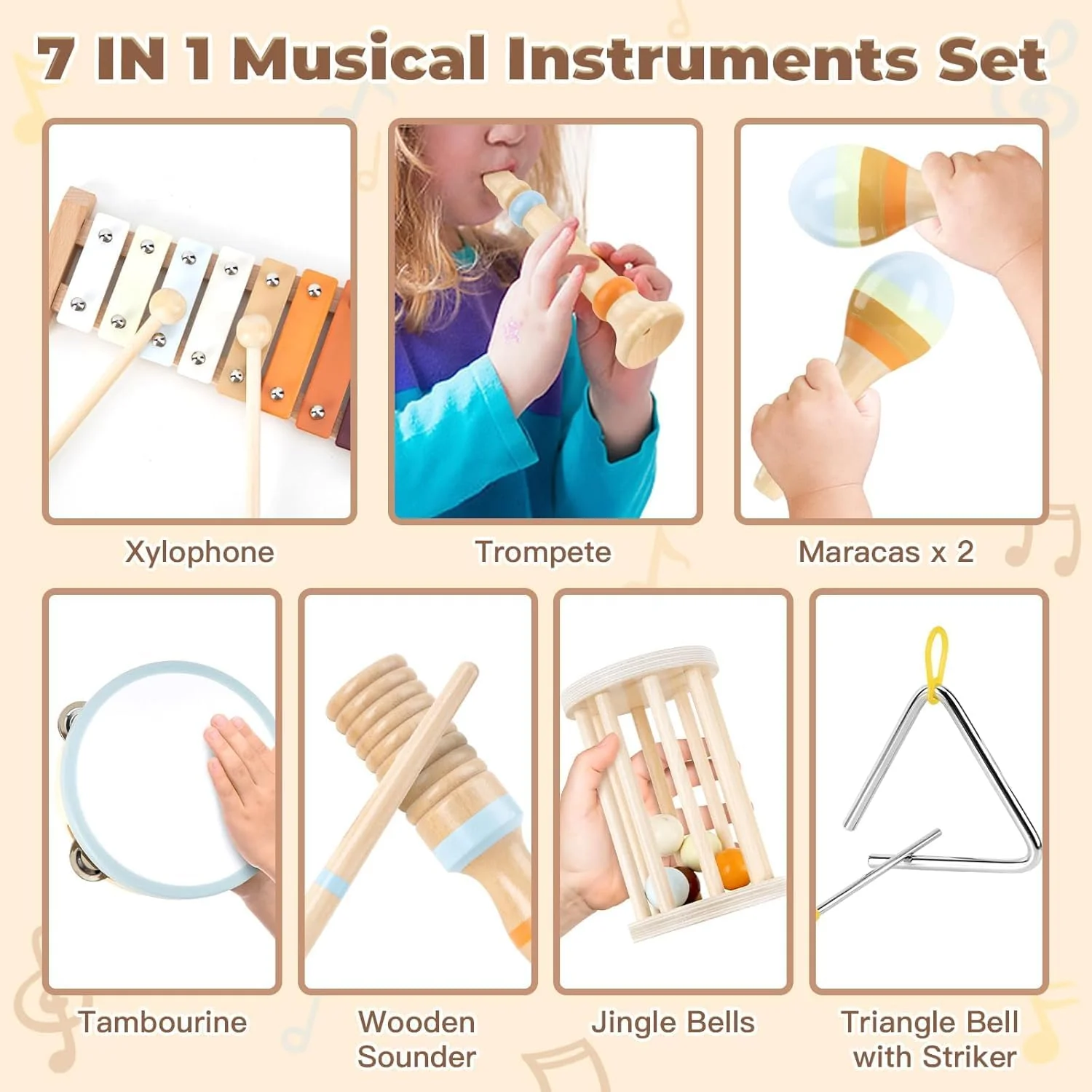 Uandhome 7-in-1 Wooden Percussion Musical Toy Instruments Set for Toddlers NEW - Image 2