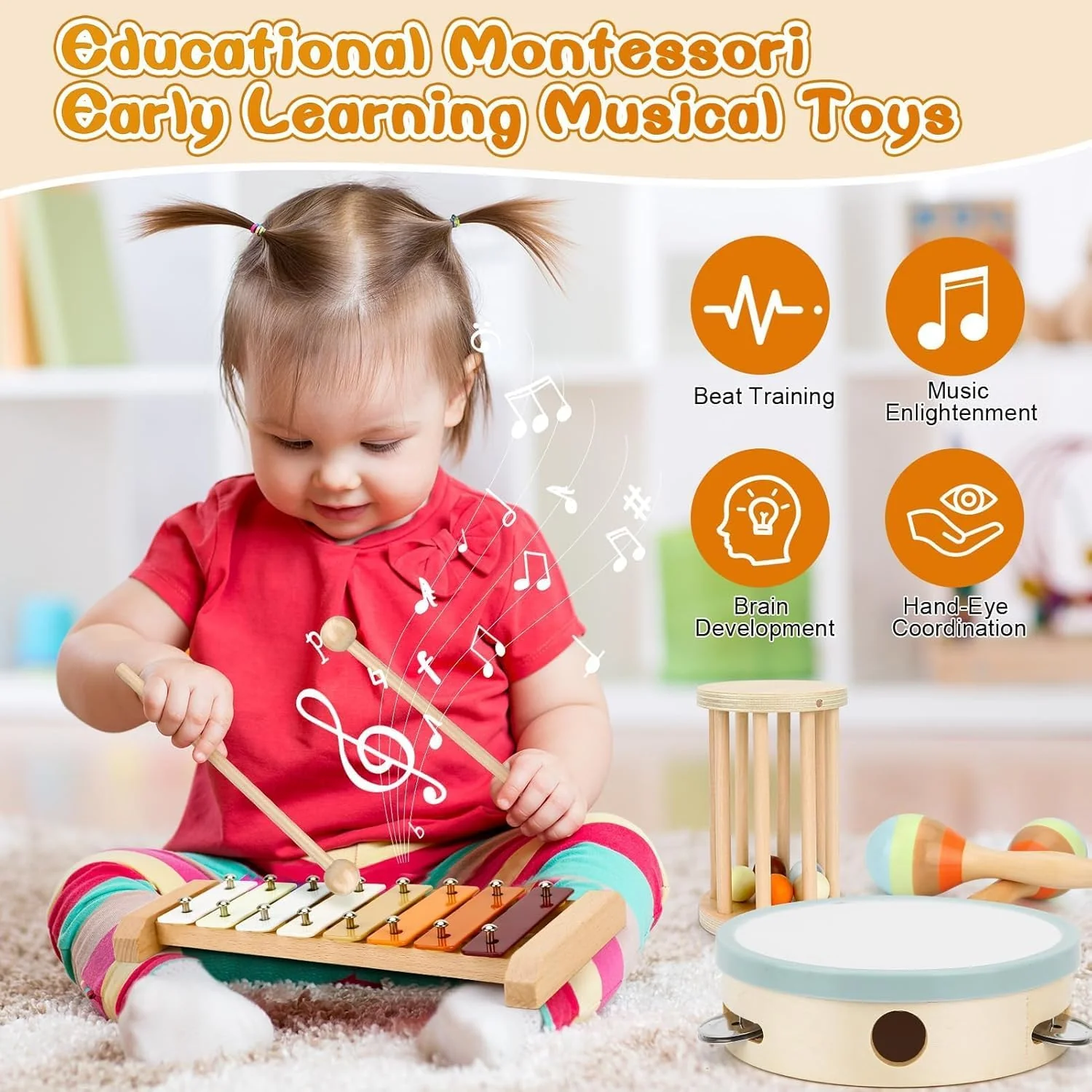 Uandhome 7-in-1 Wooden Percussion Musical Toy Instruments Set for Toddlers NEW - Image 3