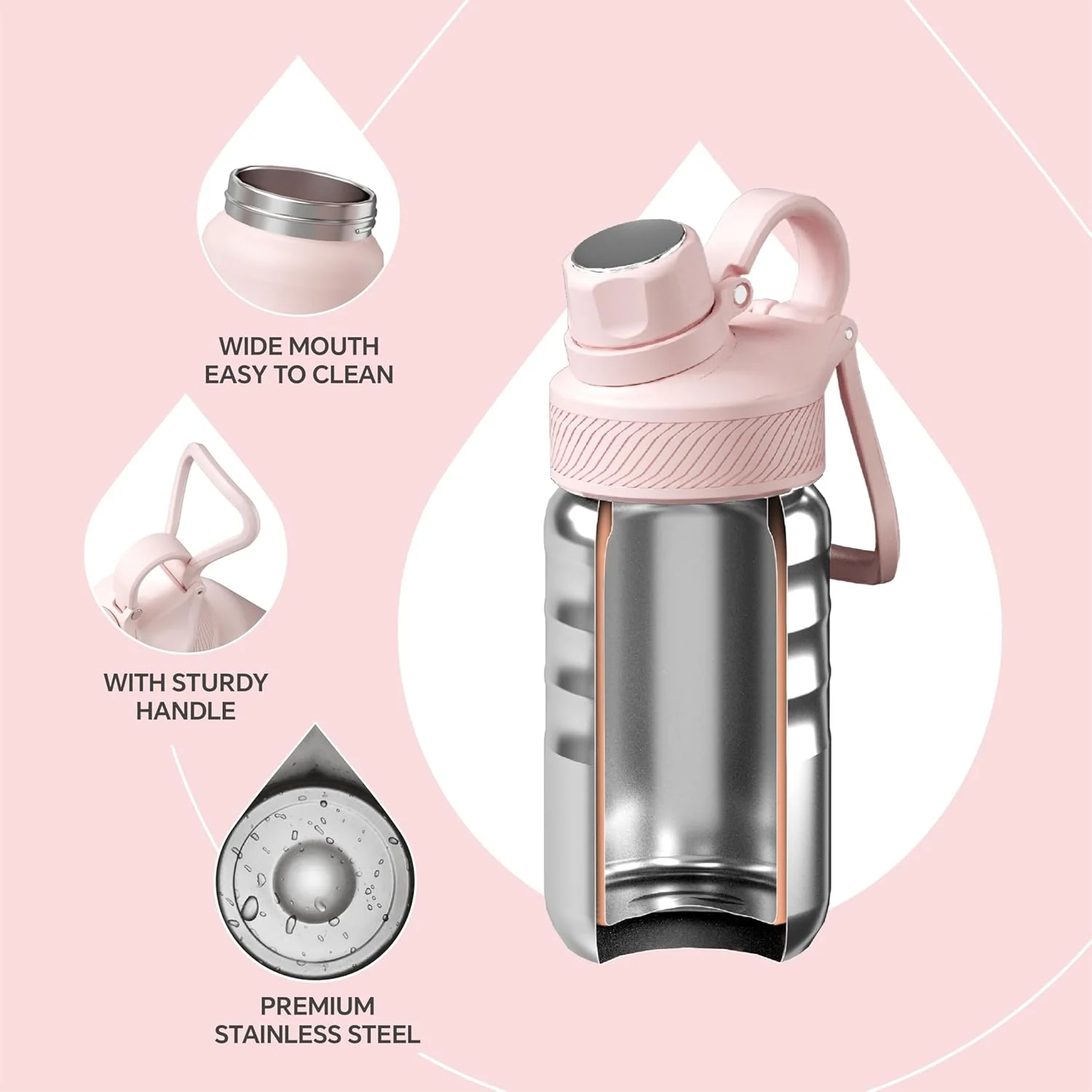 Ideus Insulated Stainless Steel Sports Water Bottle 12oz/360ml Light Pink NEW - Image 3
