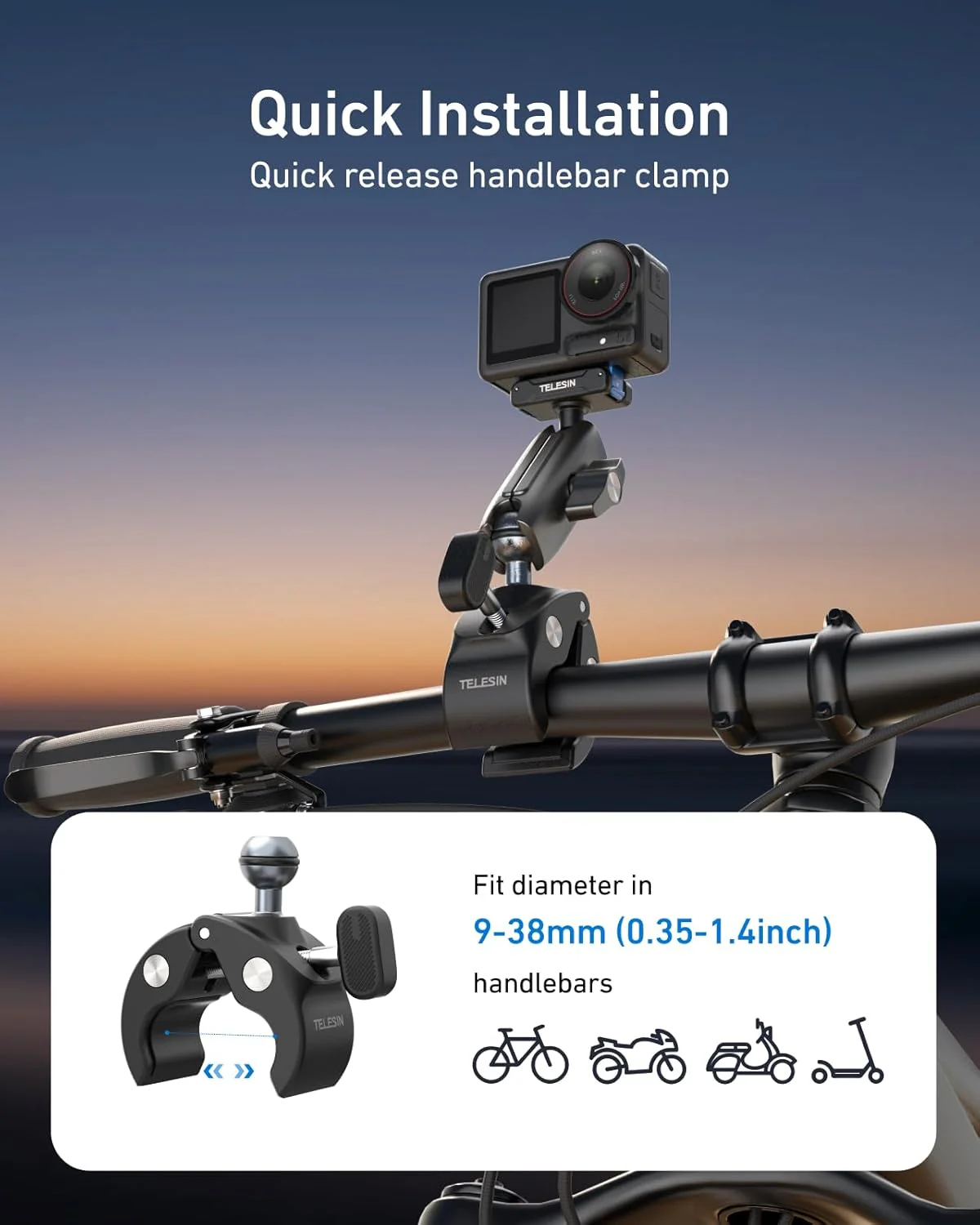 TELESIN Super Clamp Mount Bike Holder for DJI Pocket 4/3 Osmo Nano/Osmo DEMO - Image 2