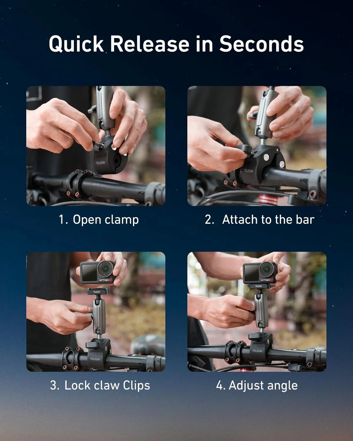 TELESIN Super Clamp Mount Bike Holder for DJI Pocket 4/3 Osmo Nano/Osmo DEMO - Image 6