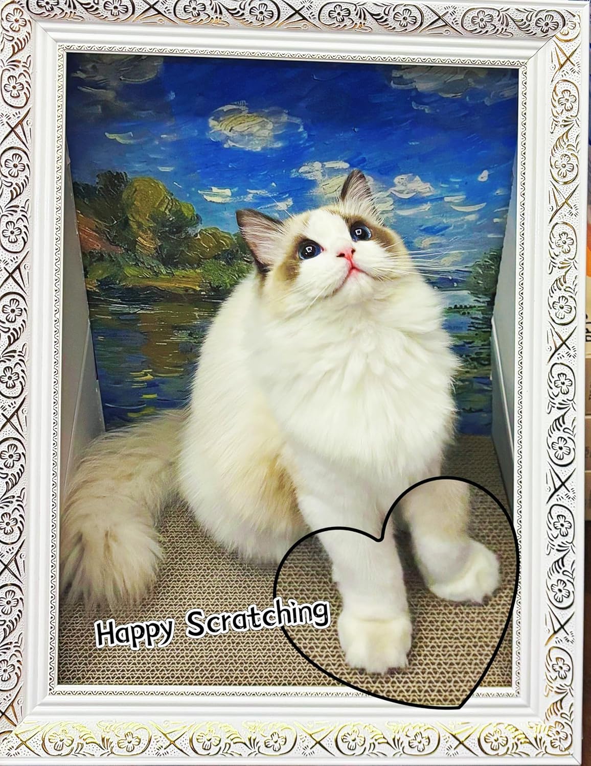 Elegant White Ornate Picture Frame Cat Scratching Pad with Oil Painting NEW - Image 2