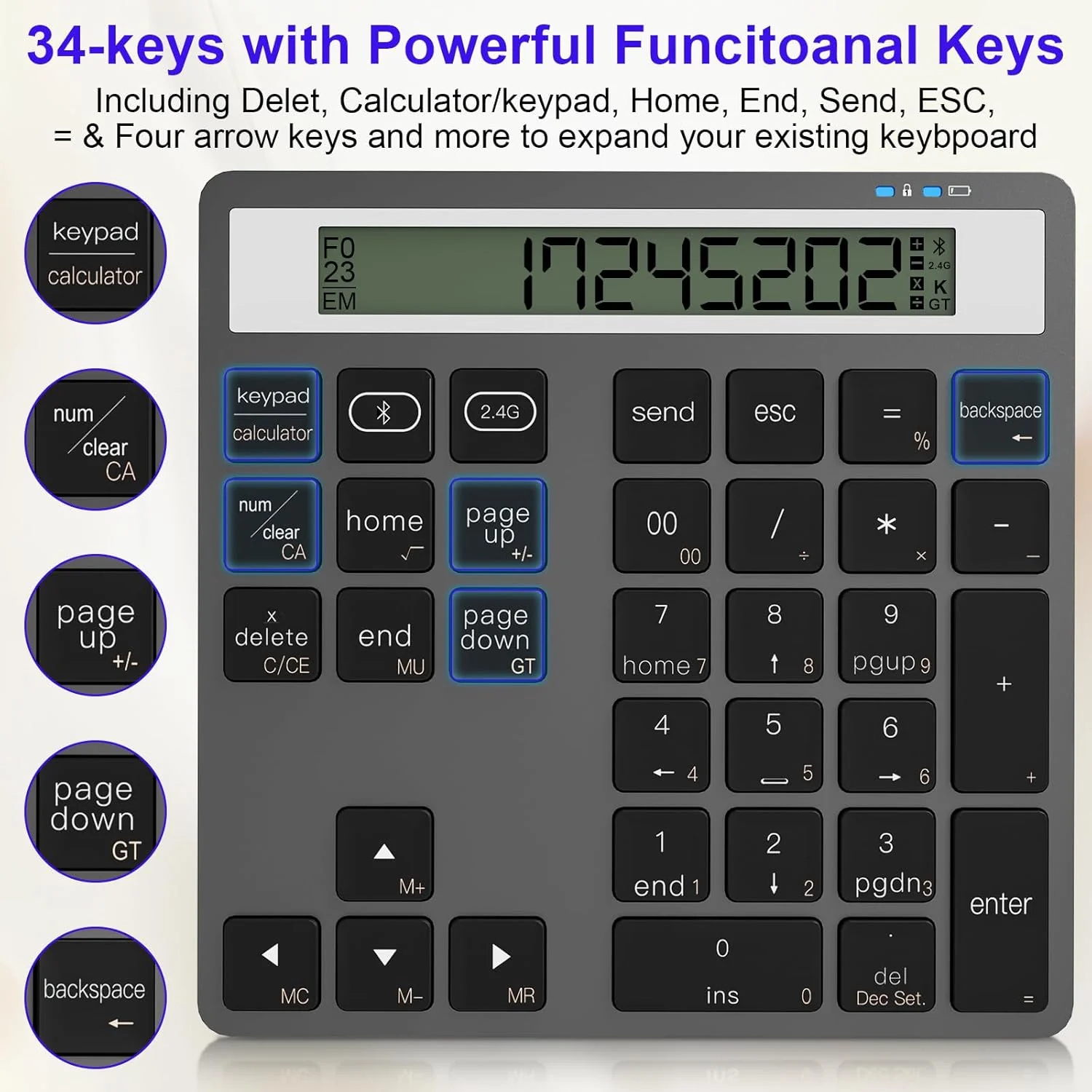 Arleedyn Bluetooth Keyboards Numeric Keypad with Display Calculator NEW - Image 4