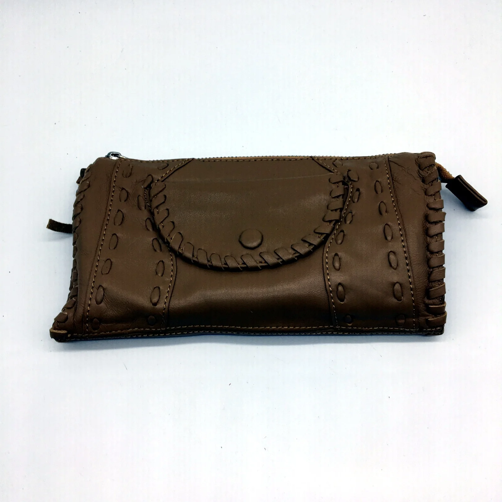Poppy Green Womens Hand Crafted Tan Brown Leather Clutch Purse NEW - Image 5