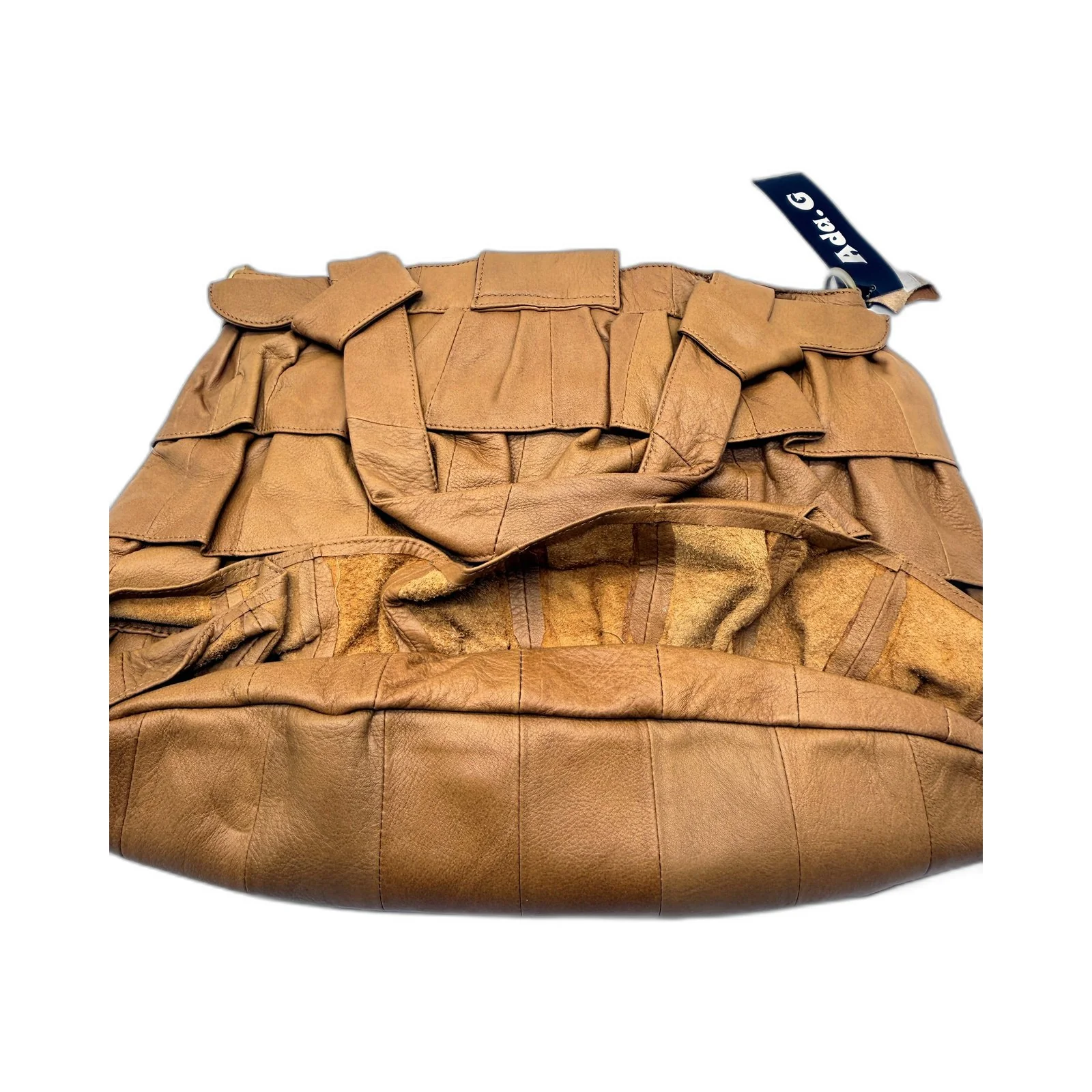 Ada.G Womens Natural Leather Handbag with Tan Ruffle Design & Shoulder Strap NEW - Image 3