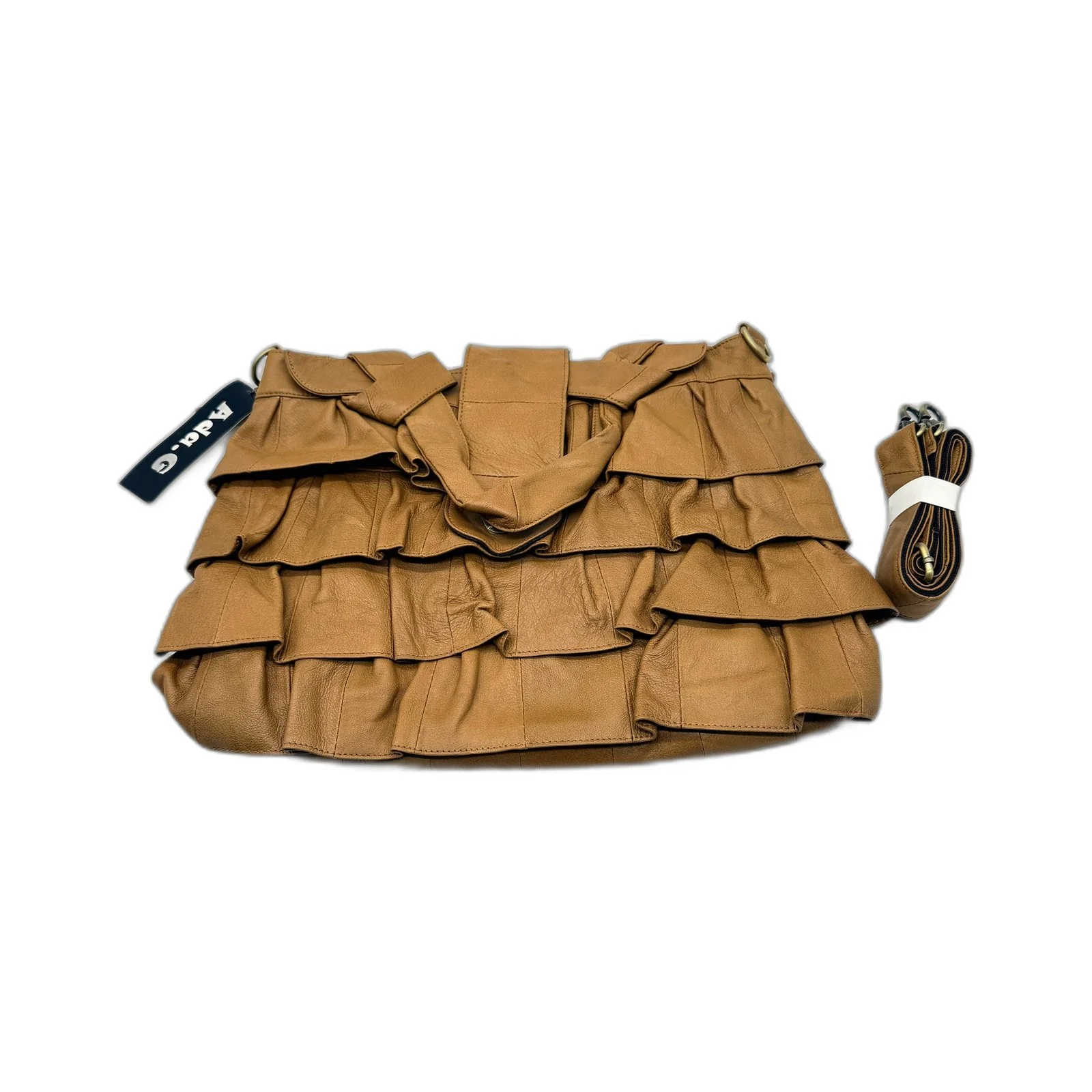 Ada.G Womens Natural Leather Handbag with Tan Ruffle Design & Shoulder Strap NEW - Image 6