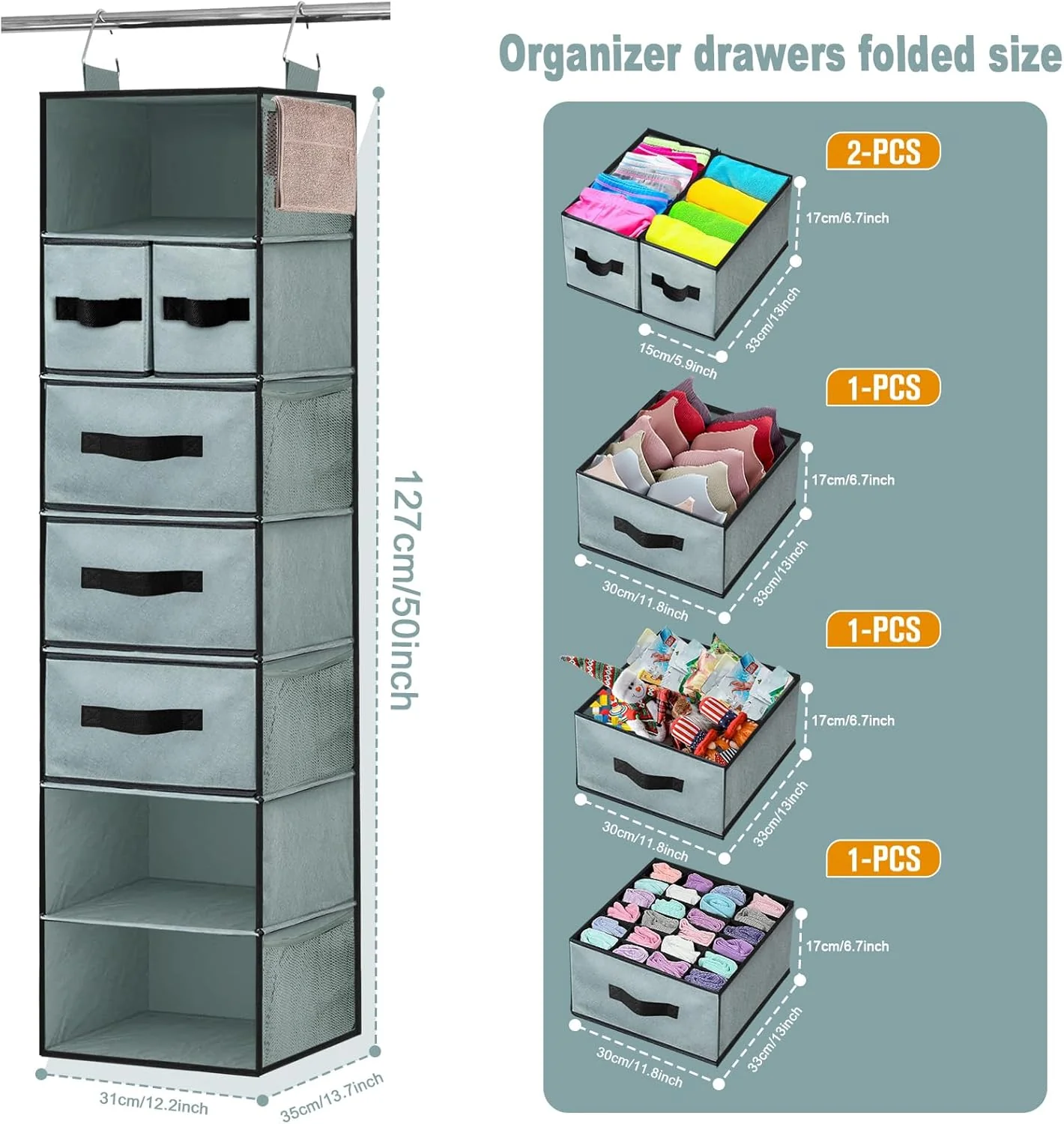 VERONLY 7-Shelf Hanging Closet Organizer with 5 Drawers in Grey Color NEW - Image 2