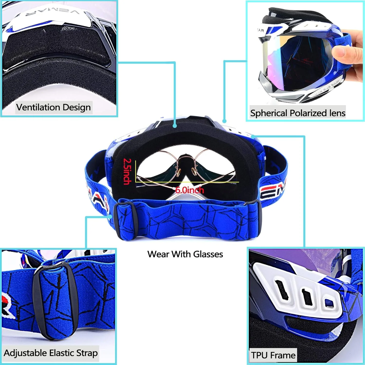 Ubelly Blue Polarized Motorcycle Goggles for Dirt Bike Racing Eyewear NEW - Image 5